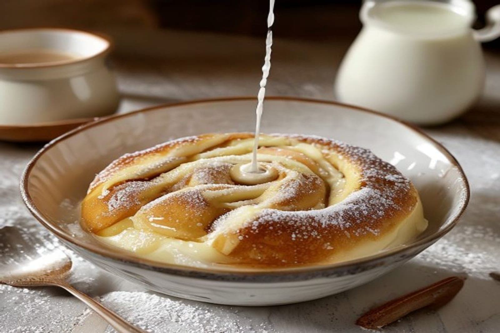 White cinnamon roll icing drizzling from a spoon into a bowl beside powdered sugar and a jug of milk.