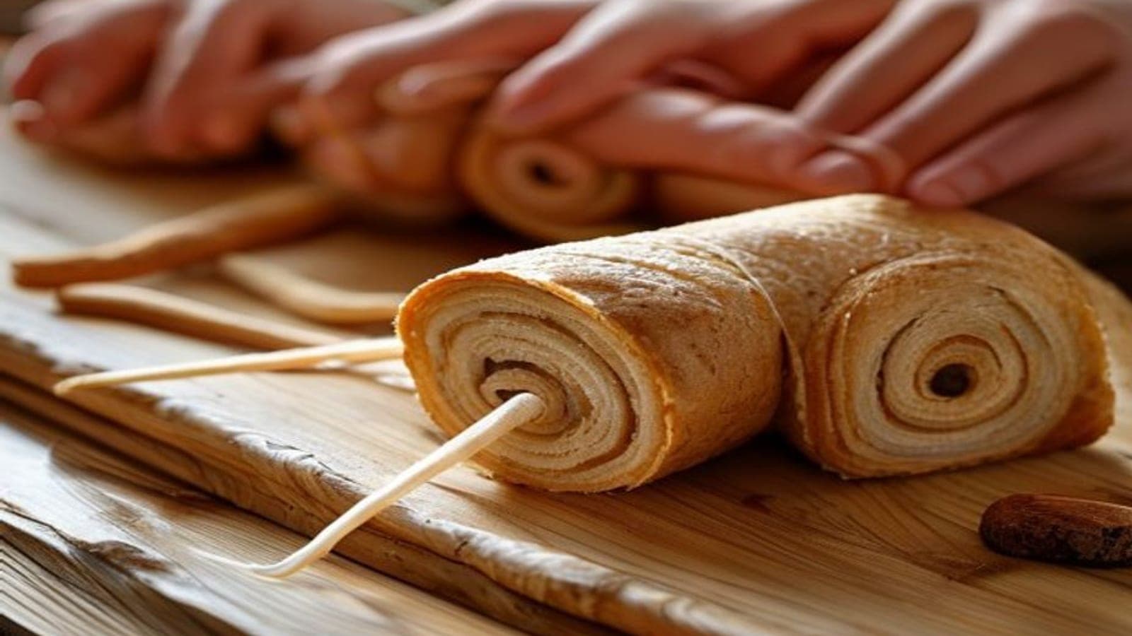 Dental floss being slid under a log of dough to cut a clean cinnamon roll.