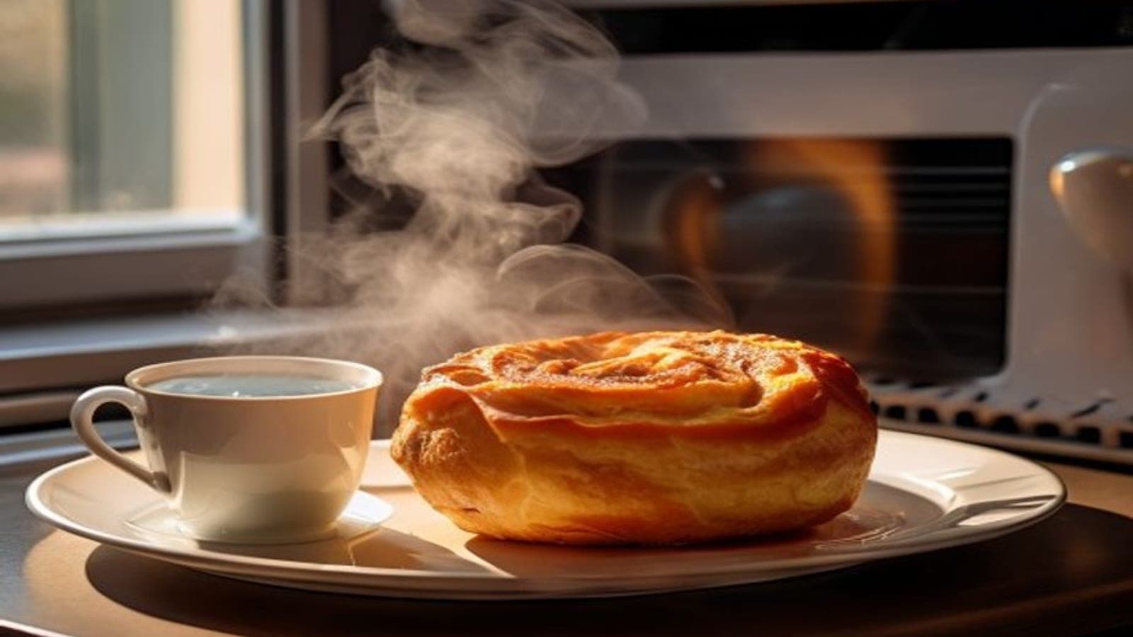 A cinnamon roll reheating on a plate beside a cup of water in a microwave.