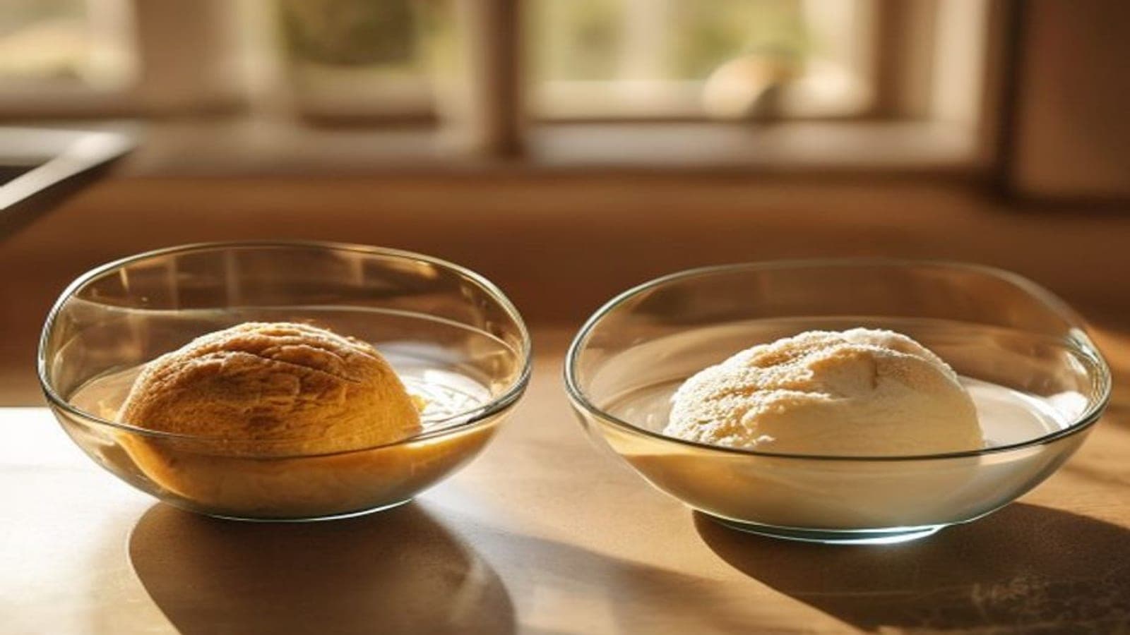 Cinnamon roll dough shown before and after proofing — unrisen next to doubled.