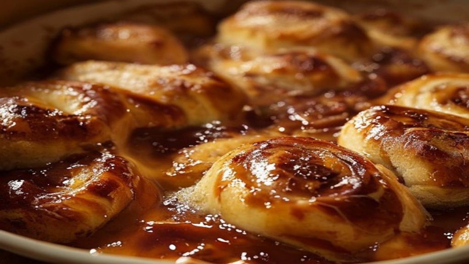 Cinnamon rolls baking with brown-sugar filling leaking and caramelizing in the pan.