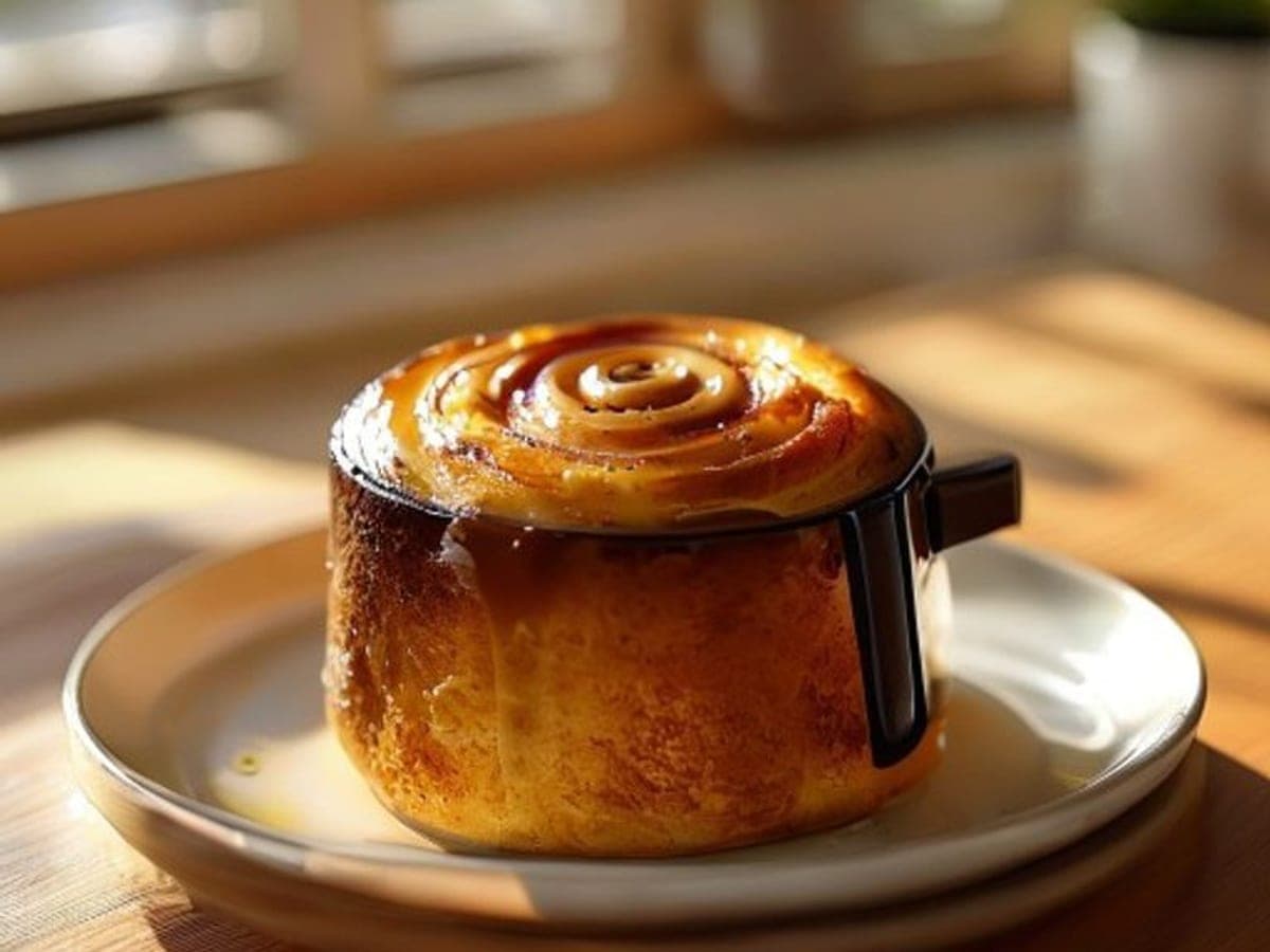 a single air fryer cinnamon roll on a small plate (AI-generated editorial image)