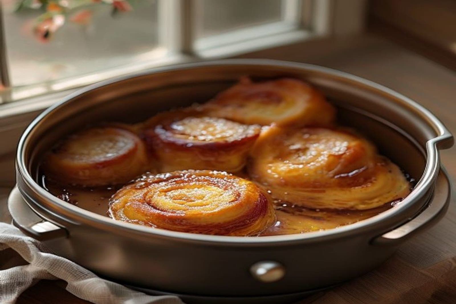 a small batch of cinnamon rolls in a round air fryer basket (AI-generated editorial image)