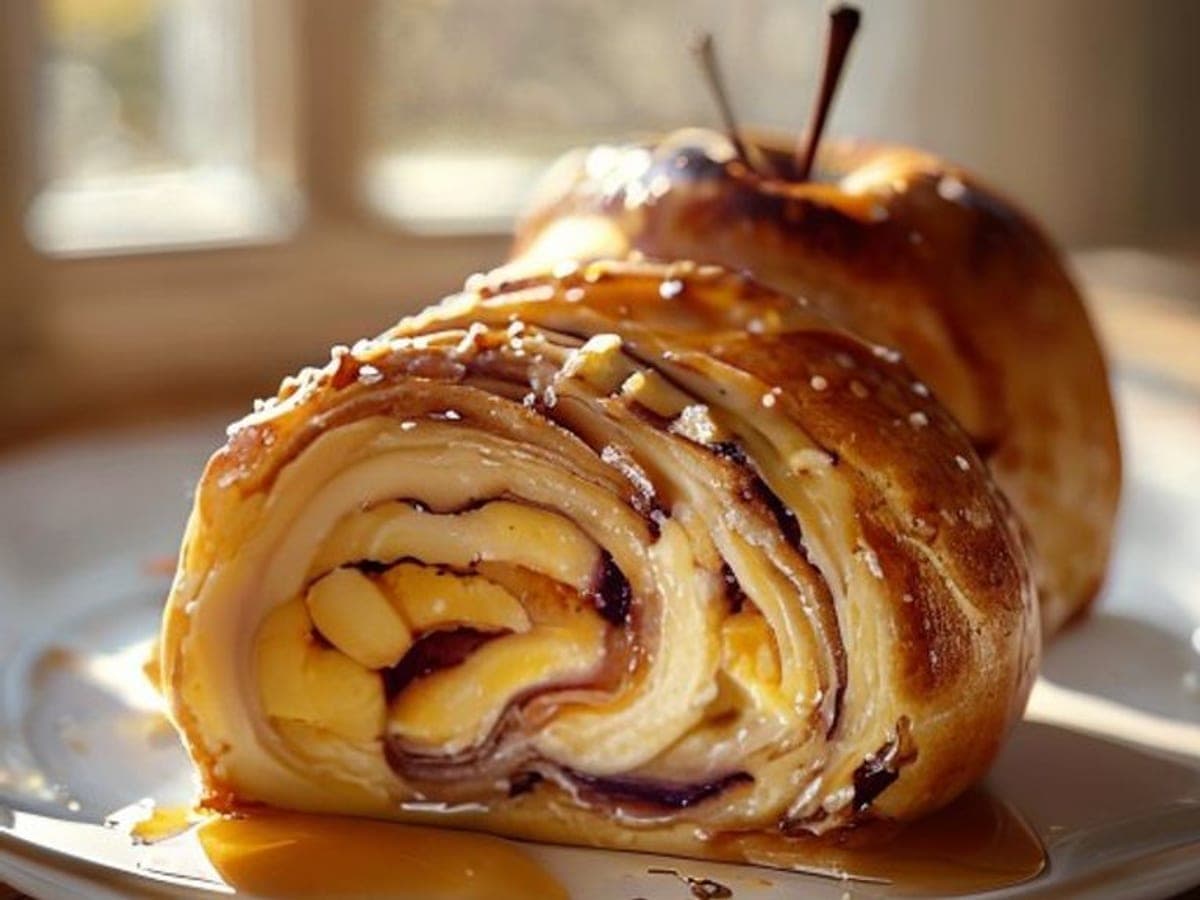 a single apple cinnamon roll pulled apart showing diced apples and cinnamon swirl with glaze (AI-generated editorial image)