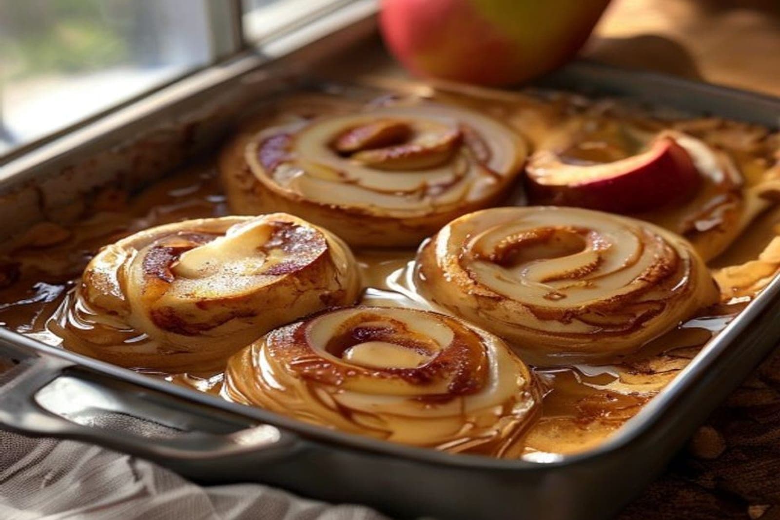 apple cinnamon rolls with visible diced cinnamon apples in the swirl (AI-generated editorial image)
