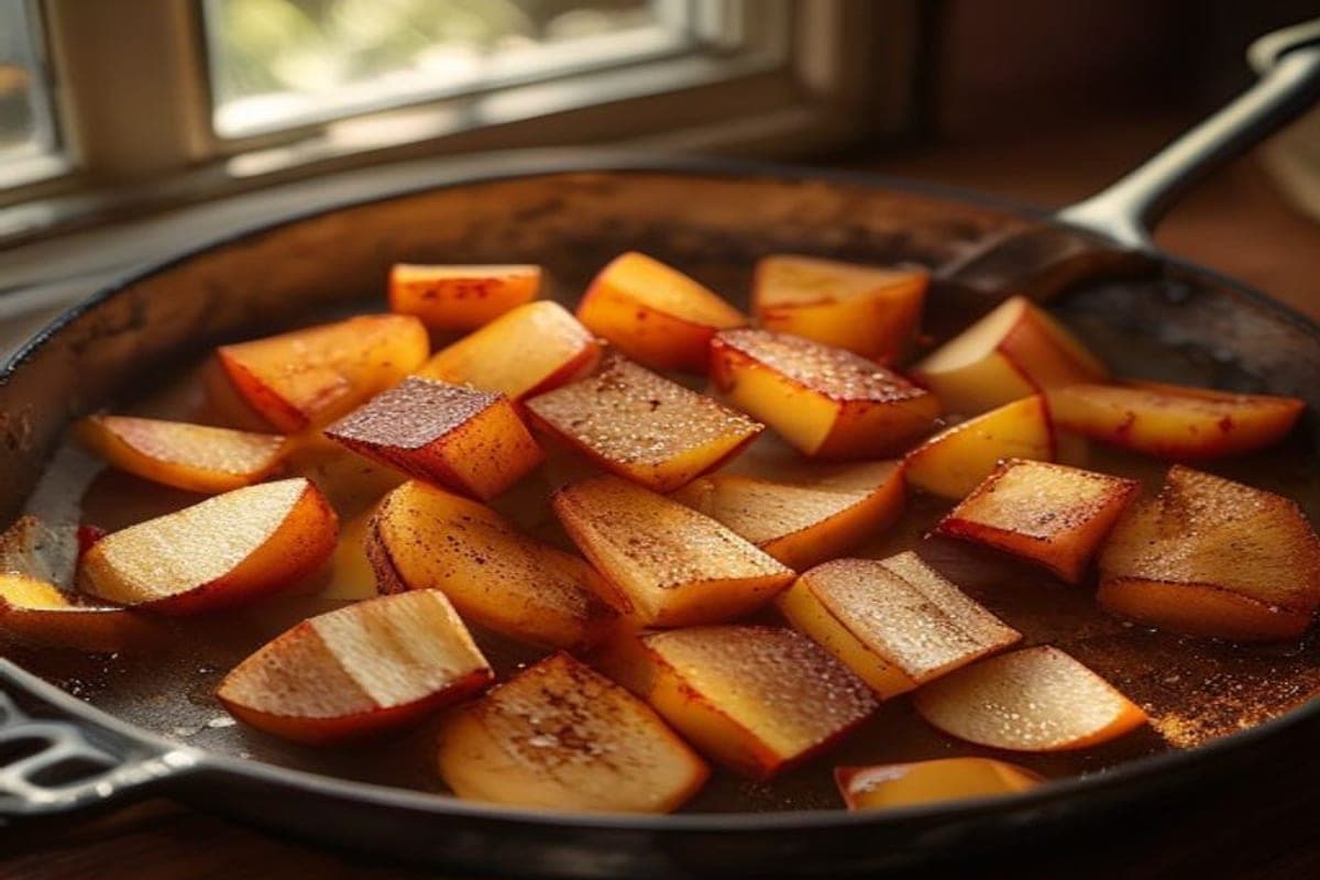 diced apples cooked with cinnamon and brown sugar in a pan (AI-generated editorial image)