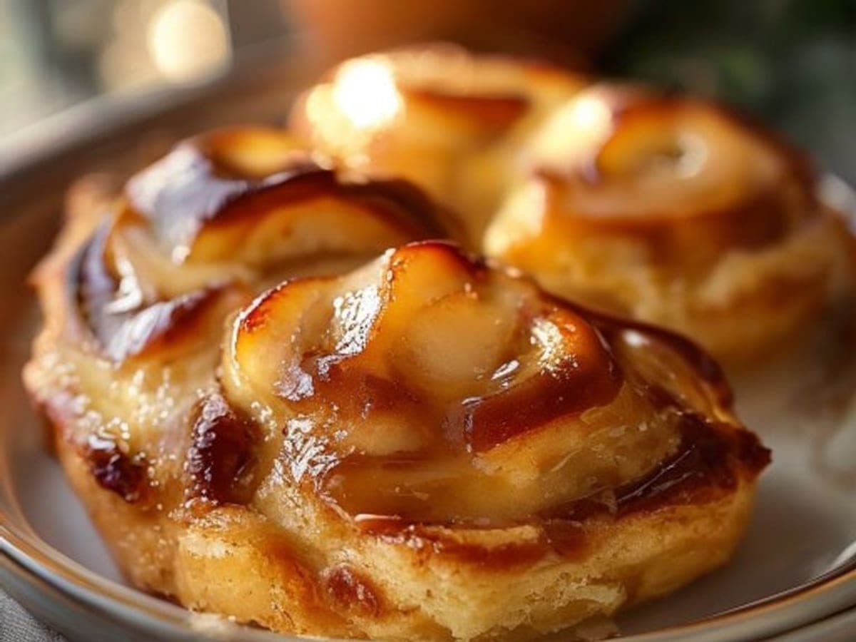 a serving scoop from an apple cinnamon roll bake showing soft rolls and glossy cooked spiced apple chunks underneath (AI-generated editorial image)