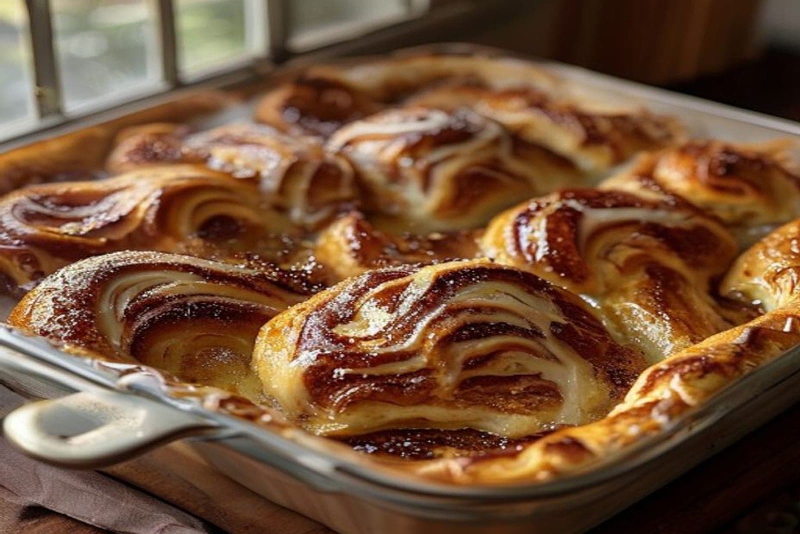 a baking dish of cinnamon rolls nestled over bubbling cooked cinnamon apple pie filling (AI-generated editorial image)