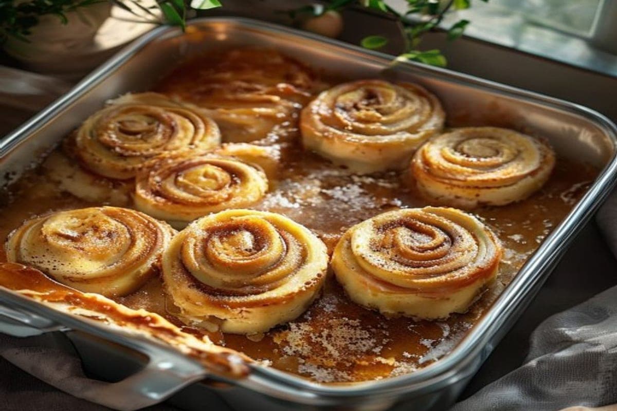 canned cinnamon rolls being arranged on top of a layer of cooked apple pie filling in a baking dish (AI-generated editorial image)