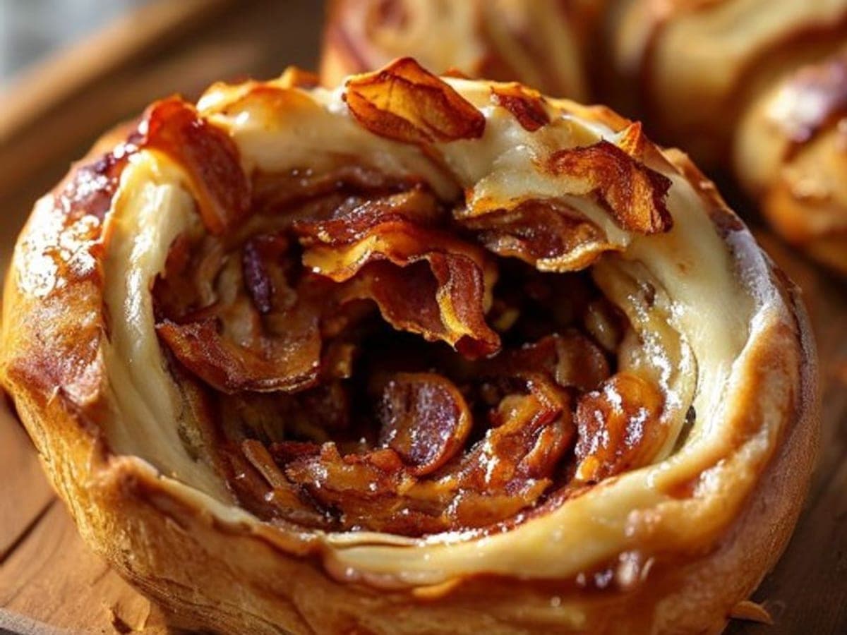 a maple bacon cinnamon roll pulled apart to reveal crumbled crispy bacon within the cinnamon swirl (AI-generated editorial image)