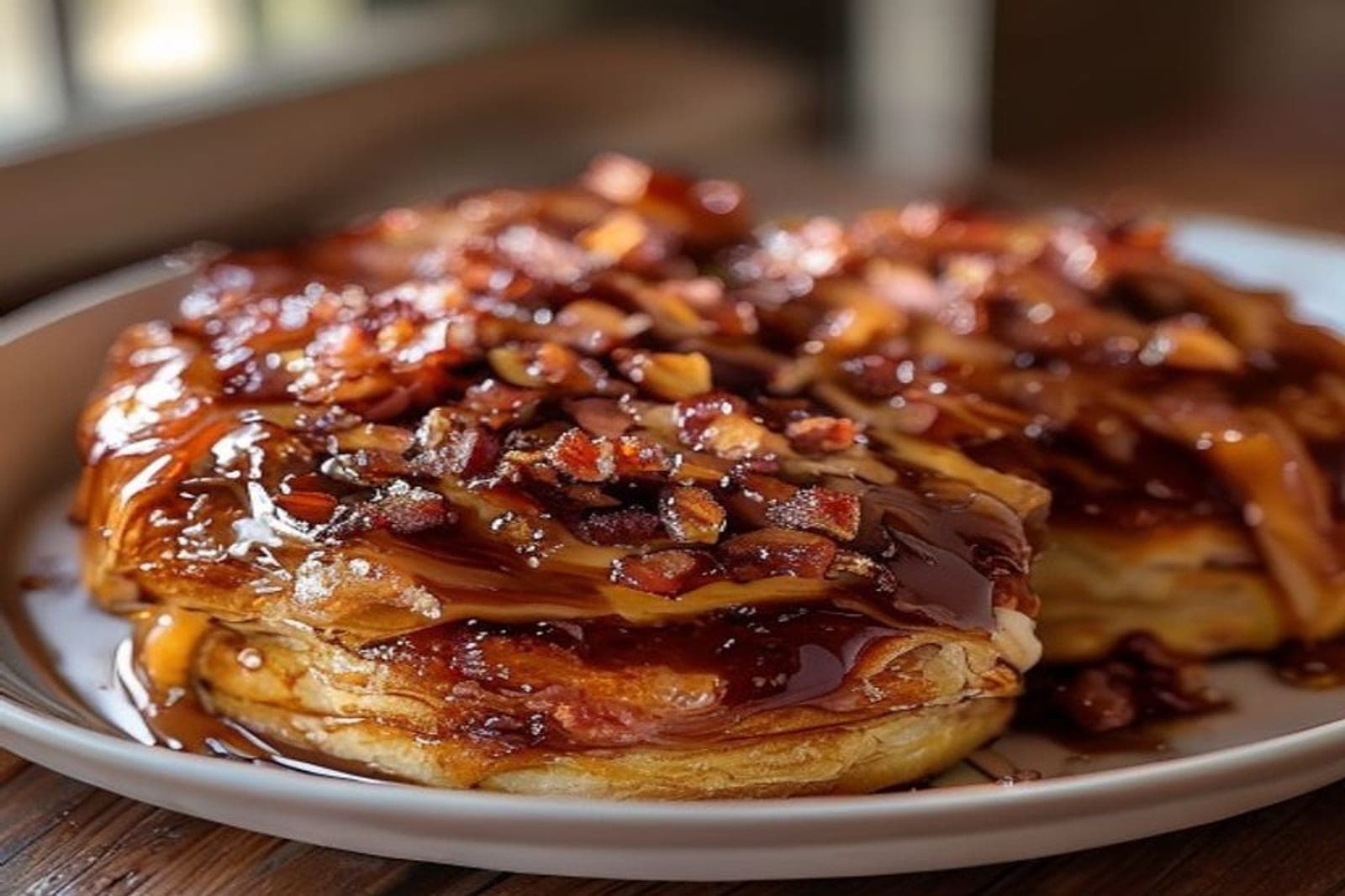 a pan of maple bacon cinnamon rolls topped with maple glaze and crumbled crispy bacon (AI-generated editorial image)
