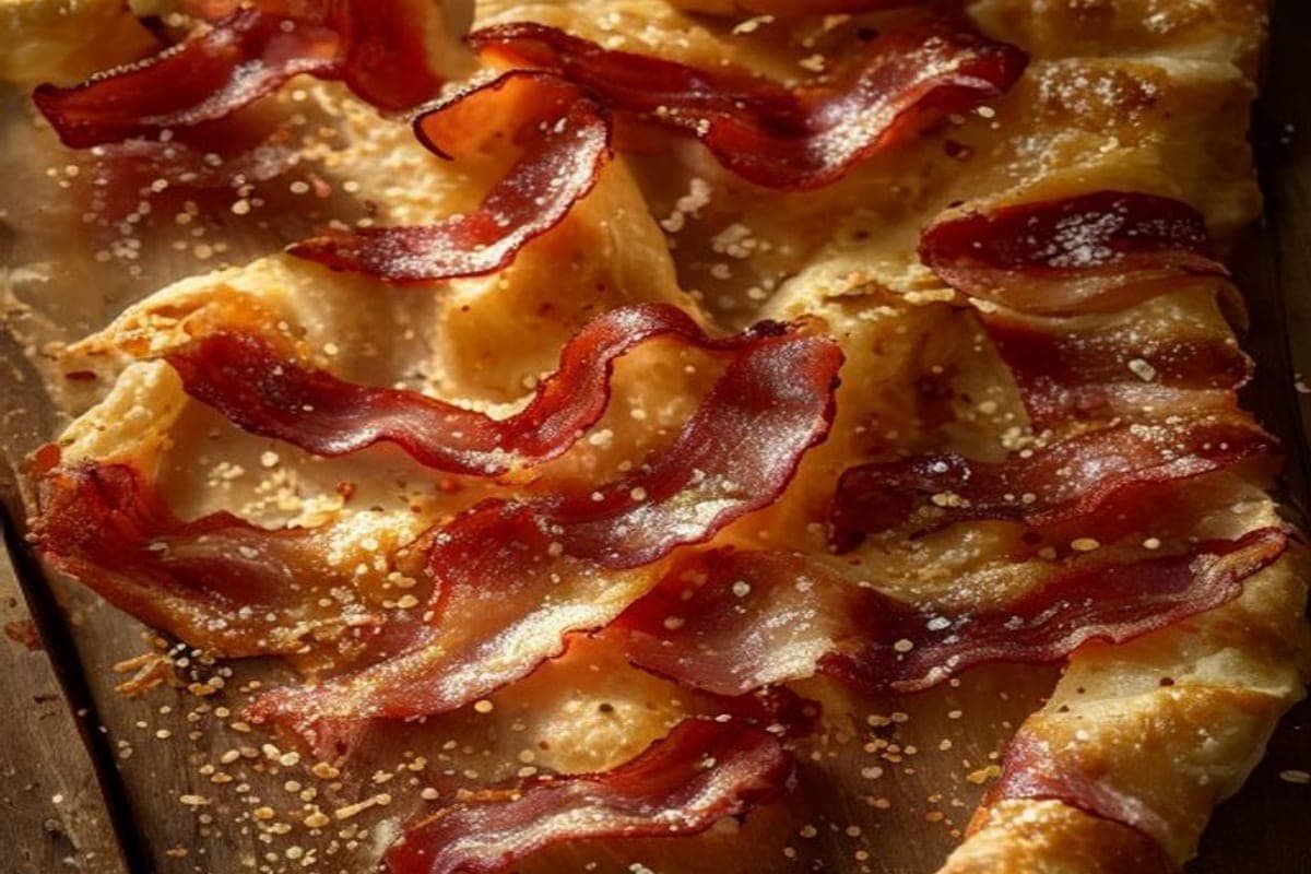 crisp cooked crumbled bacon being scattered over cinnamon-sugar spread rolled dough (AI-generated editorial image)
