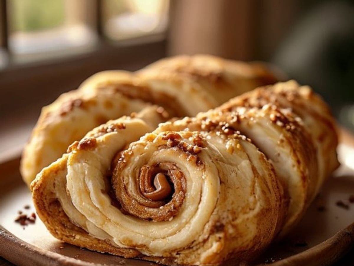 a banana cinnamon roll pulled apart to show the soft crumb and a walnut-studded cinnamon swirl (AI-generated editorial image)