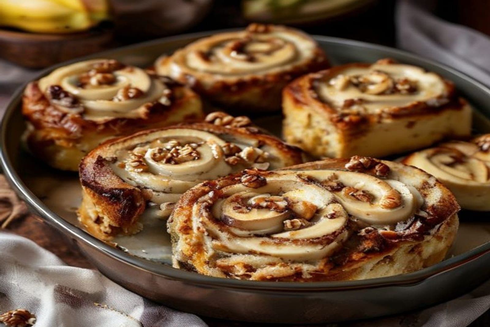 a pan of banana bread cinnamon rolls with chopped walnuts visible in the cinnamon swirl (AI-generated editorial image)