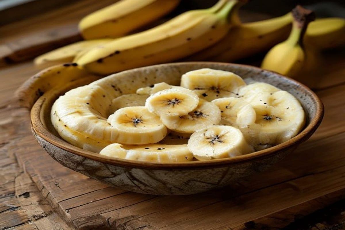 mashed very ripe spotty banana in a bowl beside whole spotted bananas on a wooden board (AI-generated editorial image)