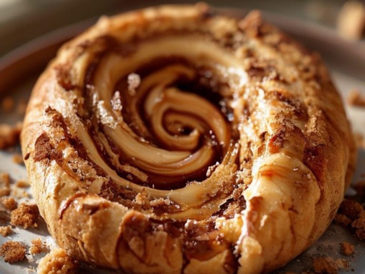 a cinnamon roll pulled apart showing a caramel-brown cookie butter swirl through the crumb (AI-generated editorial image)