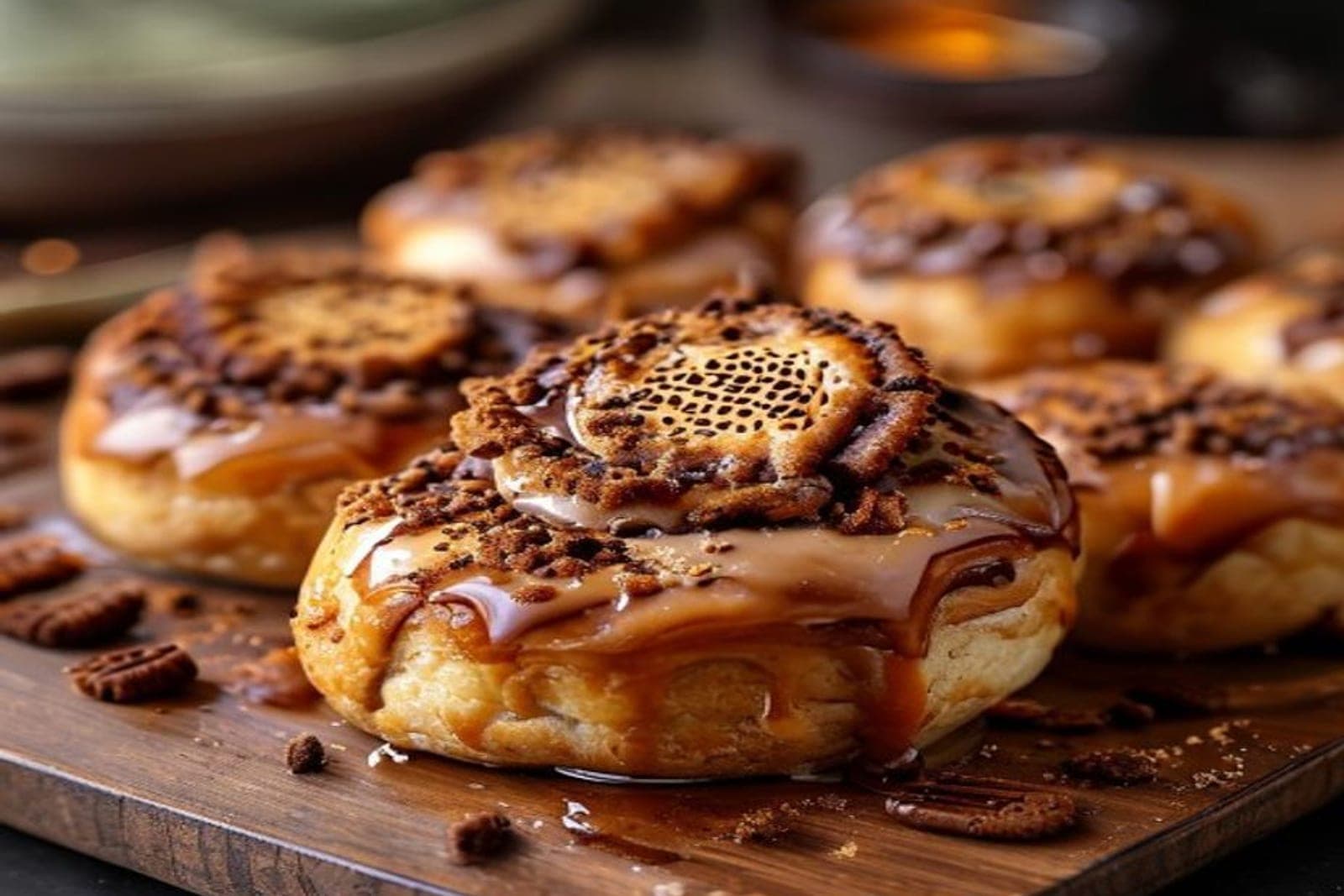 a pan of cinnamon rolls topped with caramel-brown Biscoff cookie butter drizzle and crushed speculoos Lotus cookie crumbs (AI-generated editorial image)