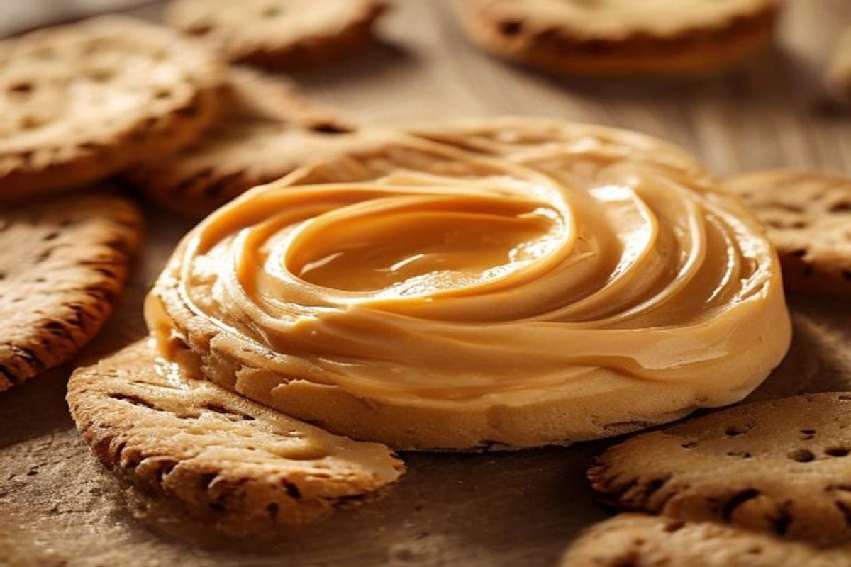 smooth caramel-colored cookie butter being spread over rolled dough beside whole speculoos cookies (AI-generated editorial image)