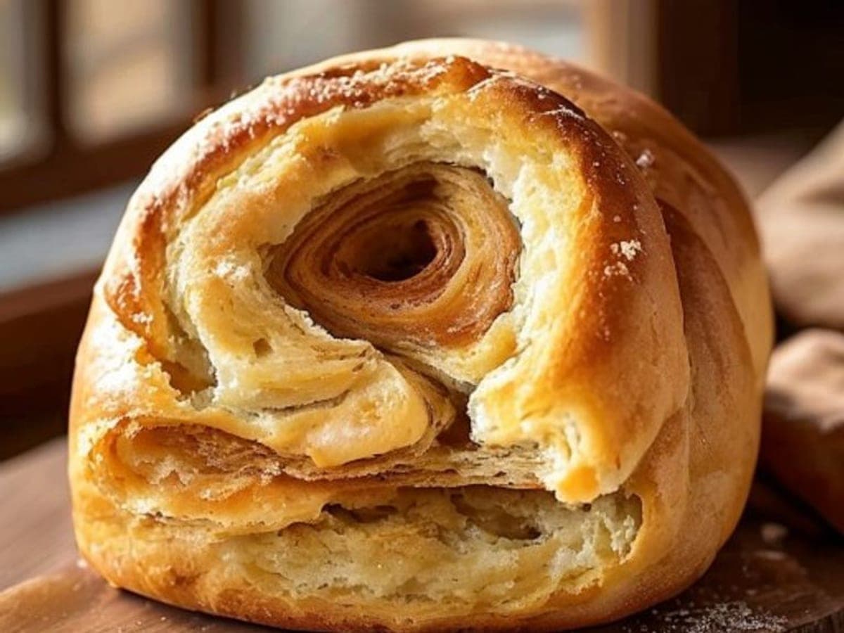a biscuit-textured cinnamon roll pulled apart showing a tender flaky biscuit crumb and cinnamon swirl (AI-generated editorial image)