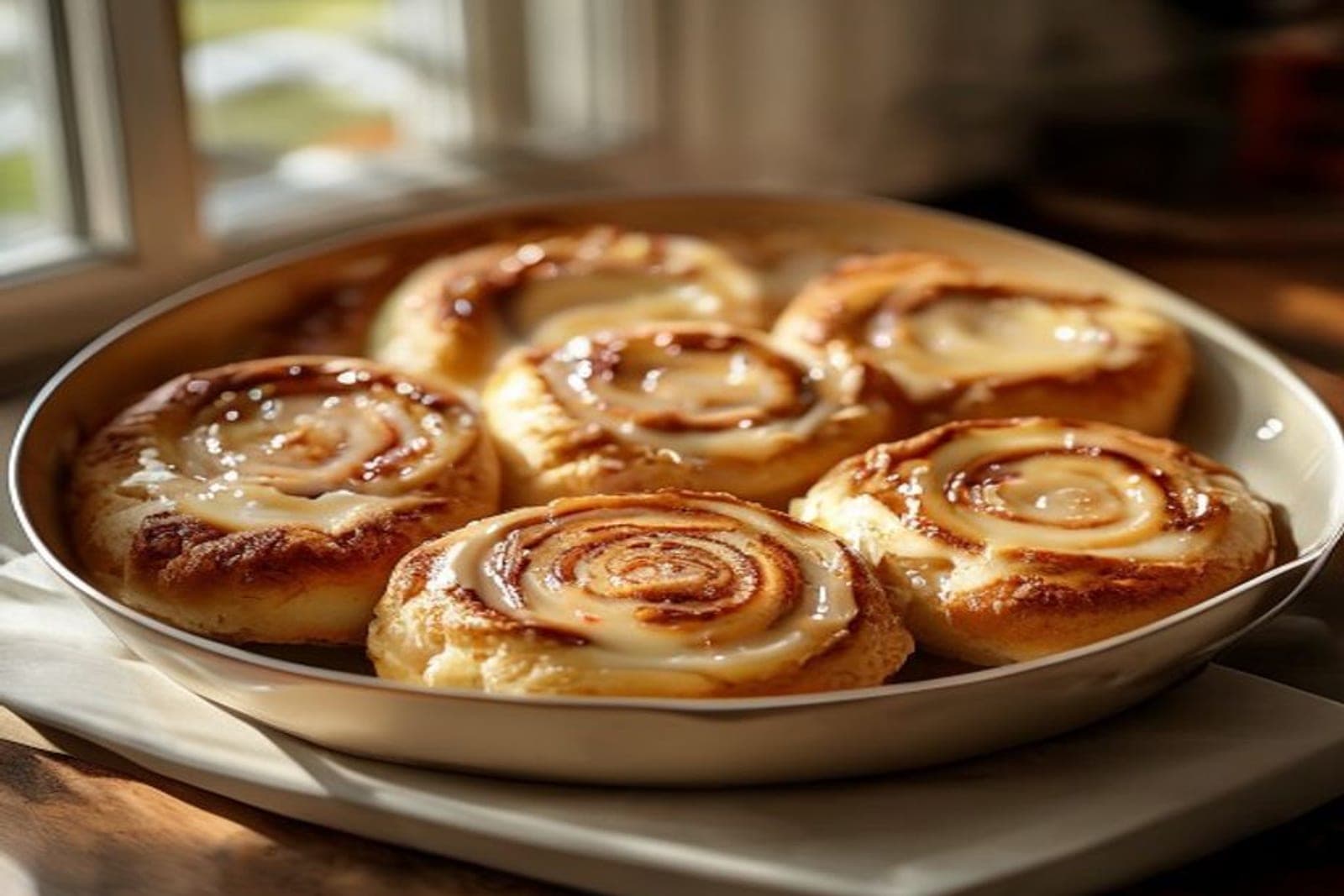 a round pan of quick biscuit-style cinnamon rolls with a soft craggy biscuit texture (AI-generated editorial image)