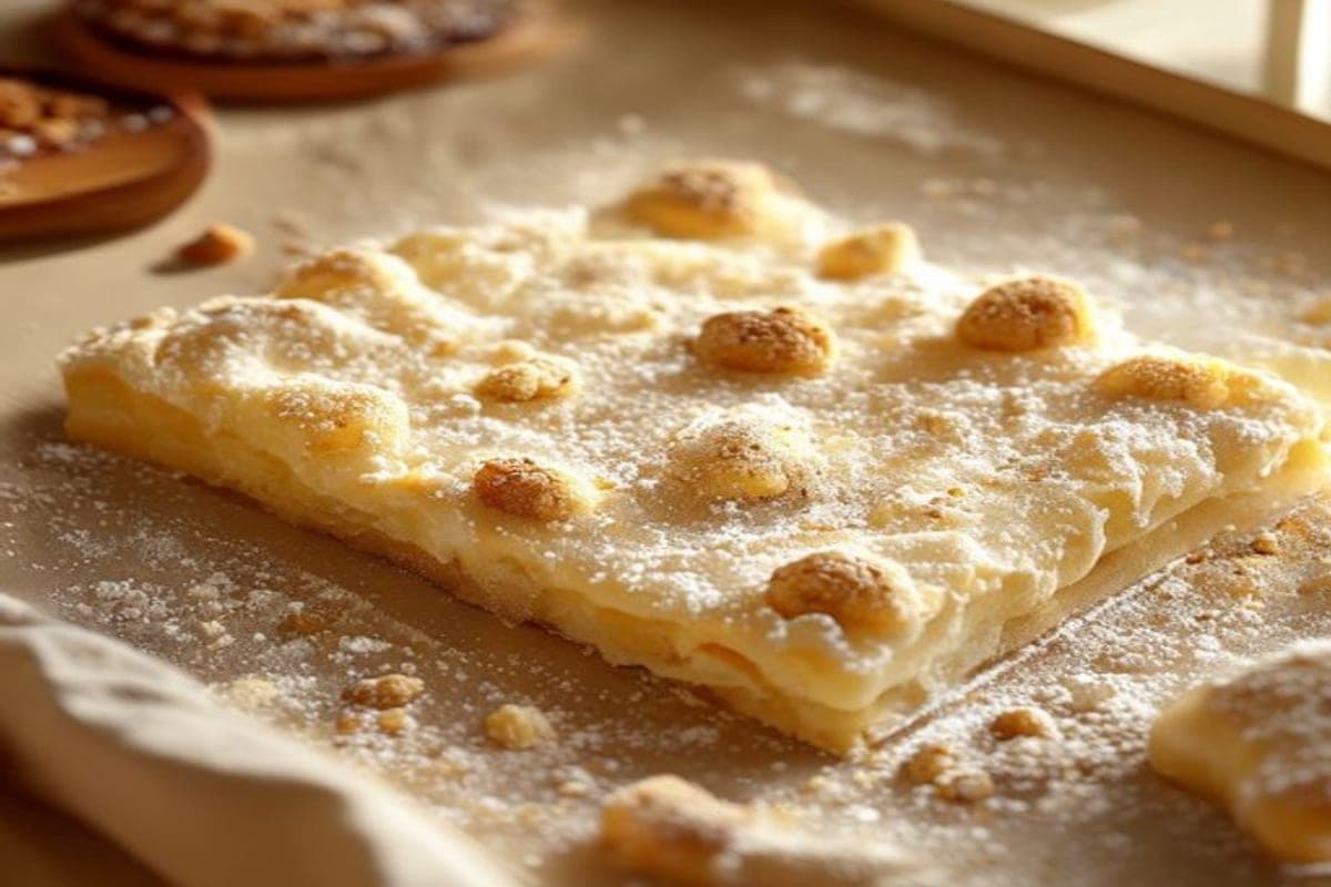 a soft shaggy baking-mix biscuit dough patted into a rectangle and sprinkled with cinnamon sugar (AI-generated editorial image)
