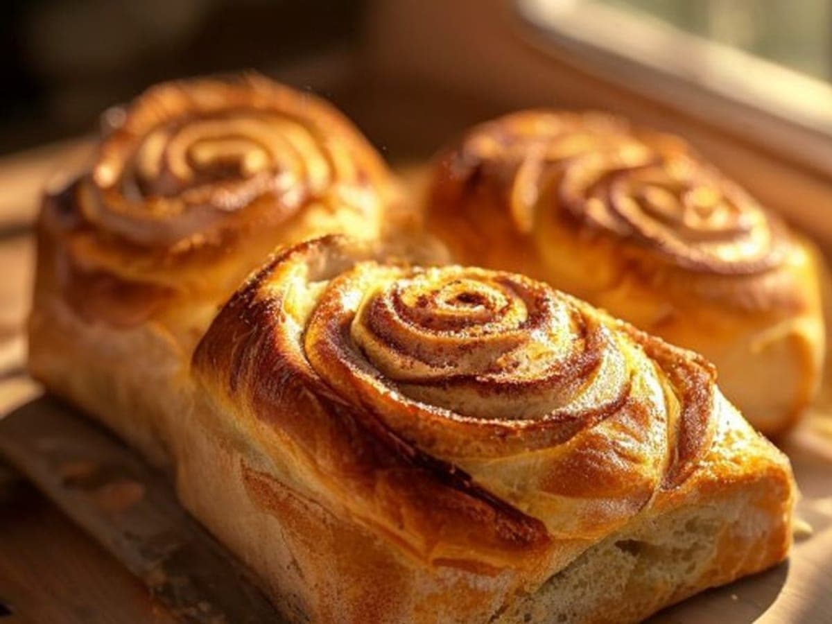 a bread machine cinnamon roll pulled apart showing a soft even crumb and cinnamon swirl (AI-generated editorial image)