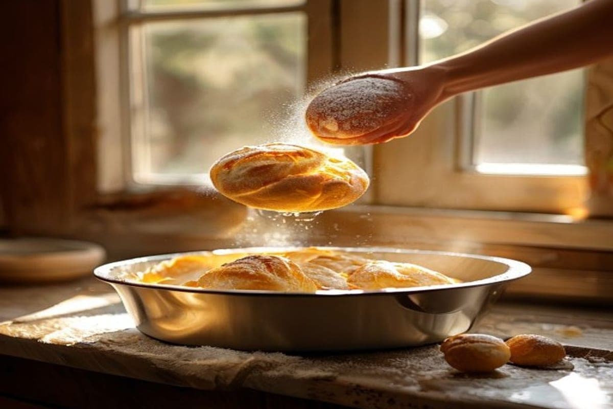 enriched dough being lifted from a bread machine pan onto a floured counter (AI-generated editorial image)