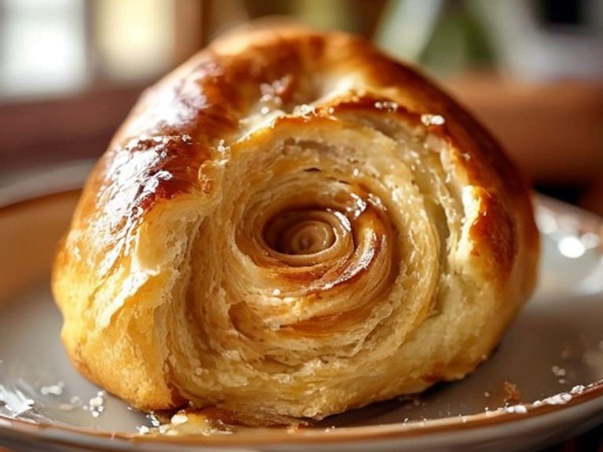 a brioche cinnamon roll torn open showing an ultra soft feathery buttery crumb and cinnamon swirl (AI-generated editorial image)