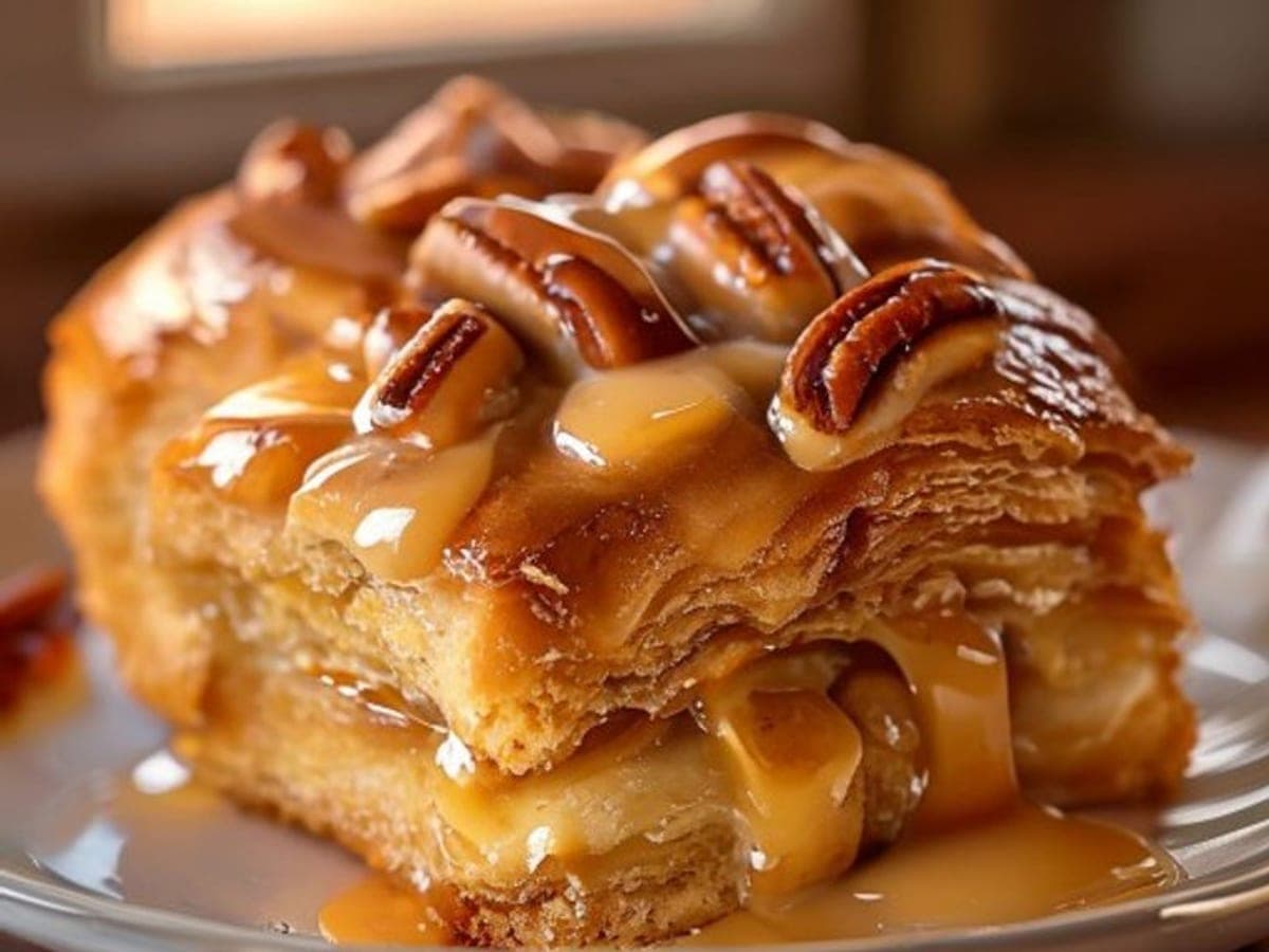 a single caramel pecan sticky bun pulled apart (AI-generated editorial image)