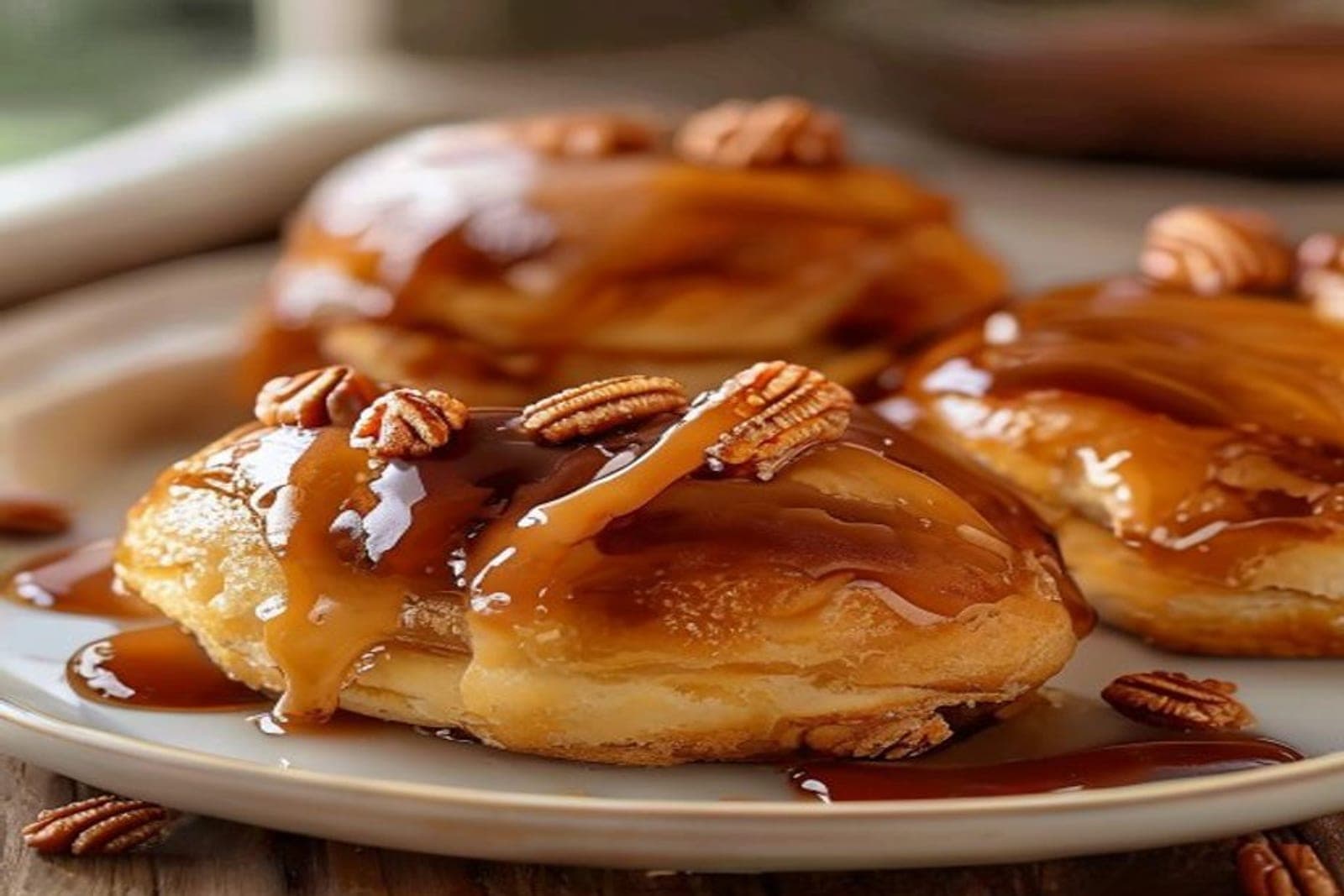 caramel pecan sticky buns inverted onto a plate (AI-generated editorial image)