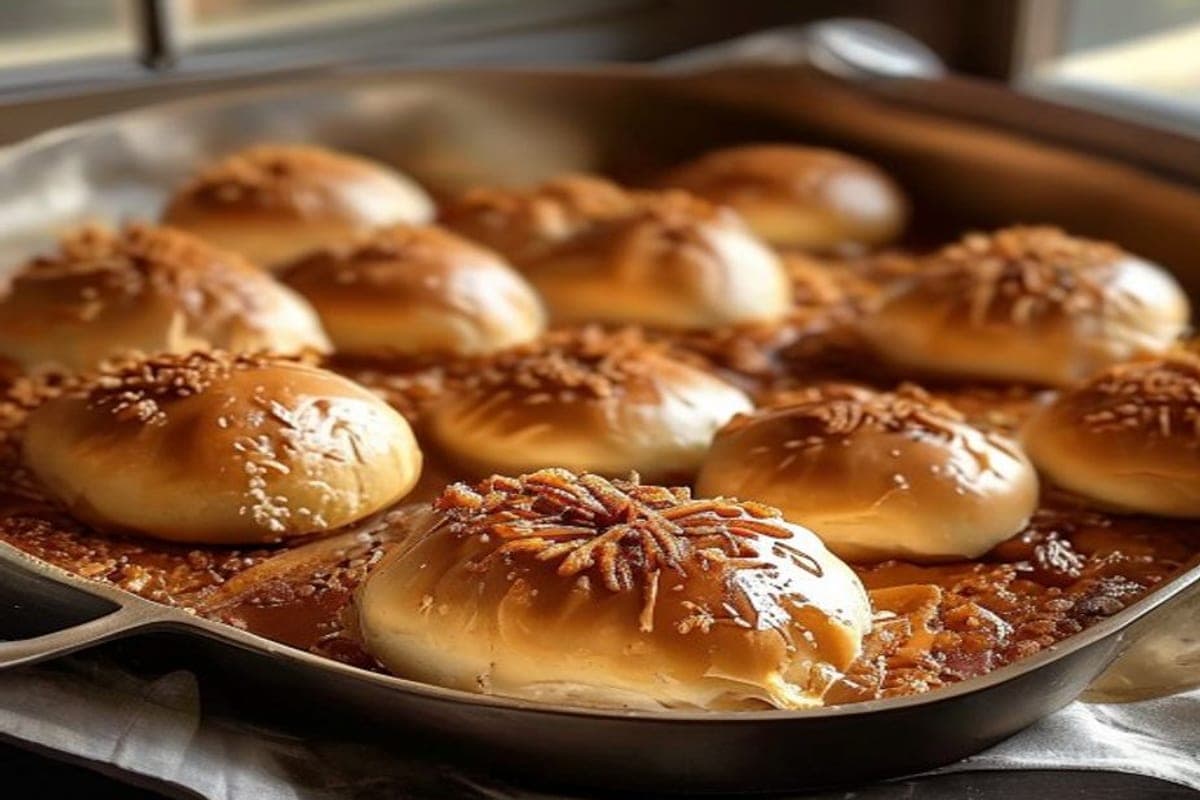 caramel pecan schmear spread in the bottom of a pan before adding the shaped buns (AI-generated editorial image)