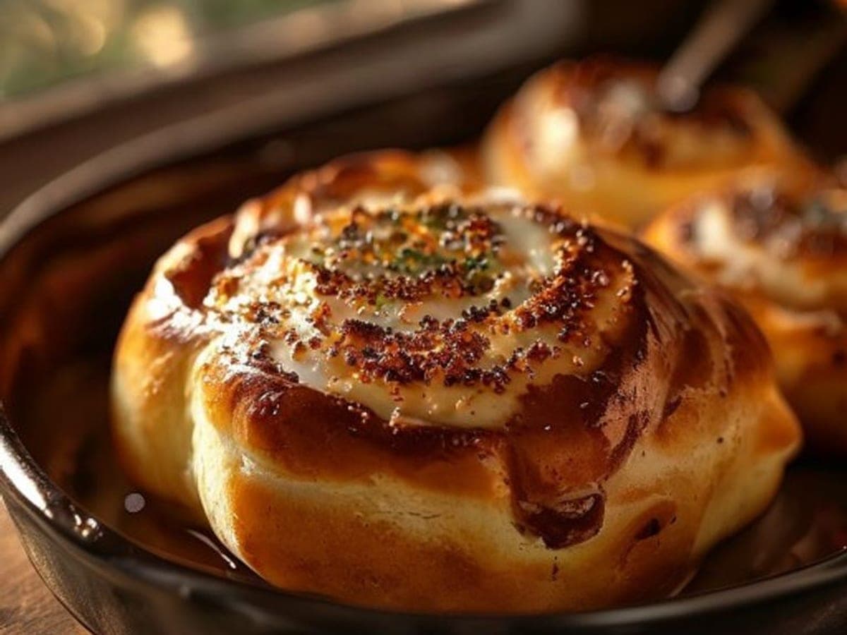 a cinnamon roll lifted from a cast iron skillet showing a soft crumb and caramelized edge (AI-generated editorial image)