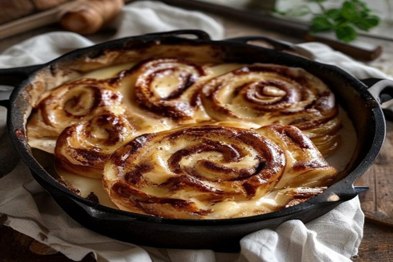 cinnamon rolls baked in a black cast iron skillet (AI-generated editorial image)