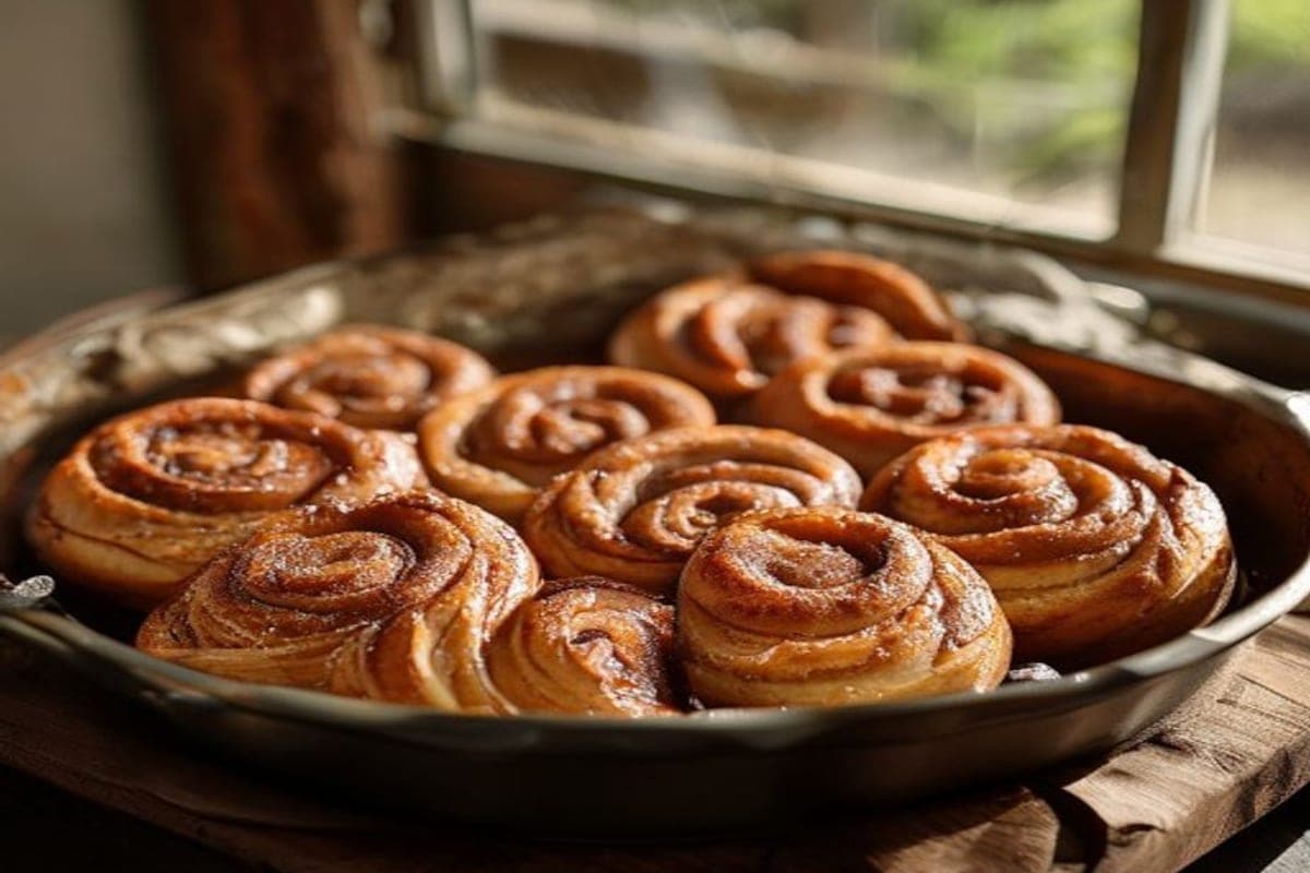 shaped cinnamon rolls arranged in a cast iron skillet before baking (AI-generated editorial image)