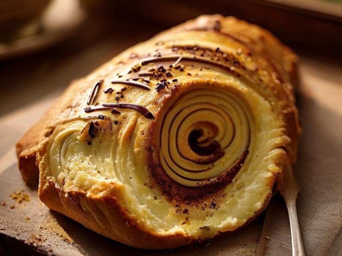 a chai cinnamon roll pulled apart showing a warmly spiced swirl with cardamom and ginger (AI-generated editorial image)