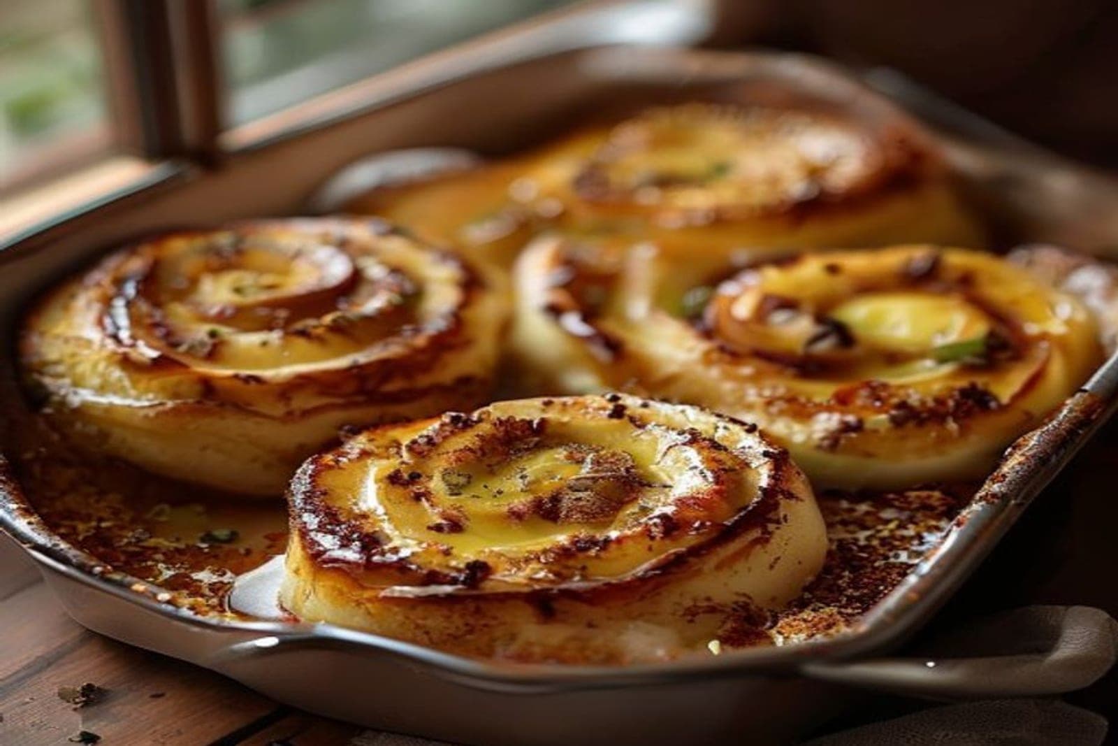 chai spiced cinnamon rolls with visible cardamom and ginger spice flecks in the swirl (AI-generated editorial image)