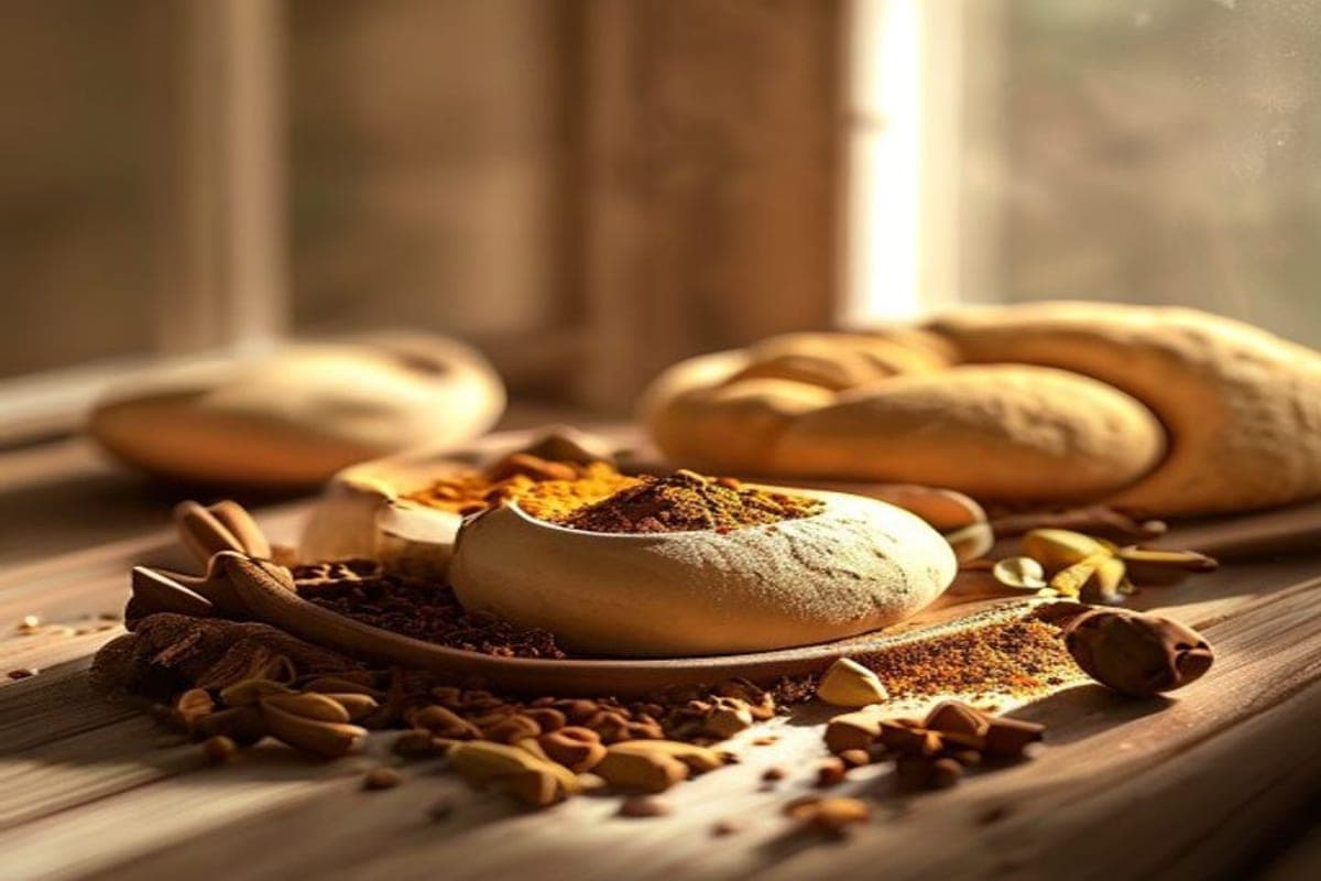 chai spices cardamom ginger clove and cinnamon in small piles beside dough (AI-generated editorial image)