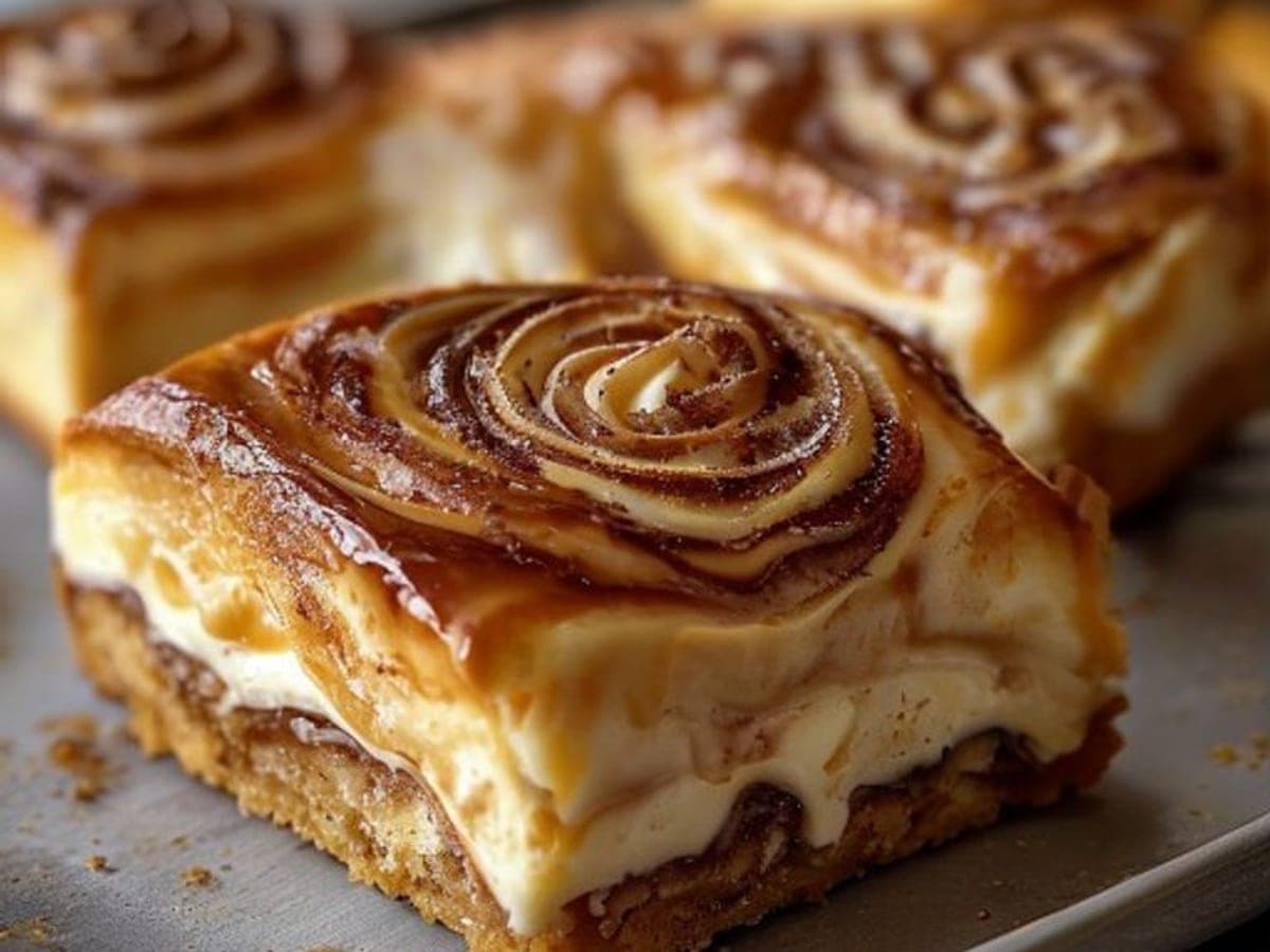 a cheesecake cinnamon roll pulled apart to reveal creamy white cheesecake filling pockets within the cinnamon spiral (AI-generated editorial image)