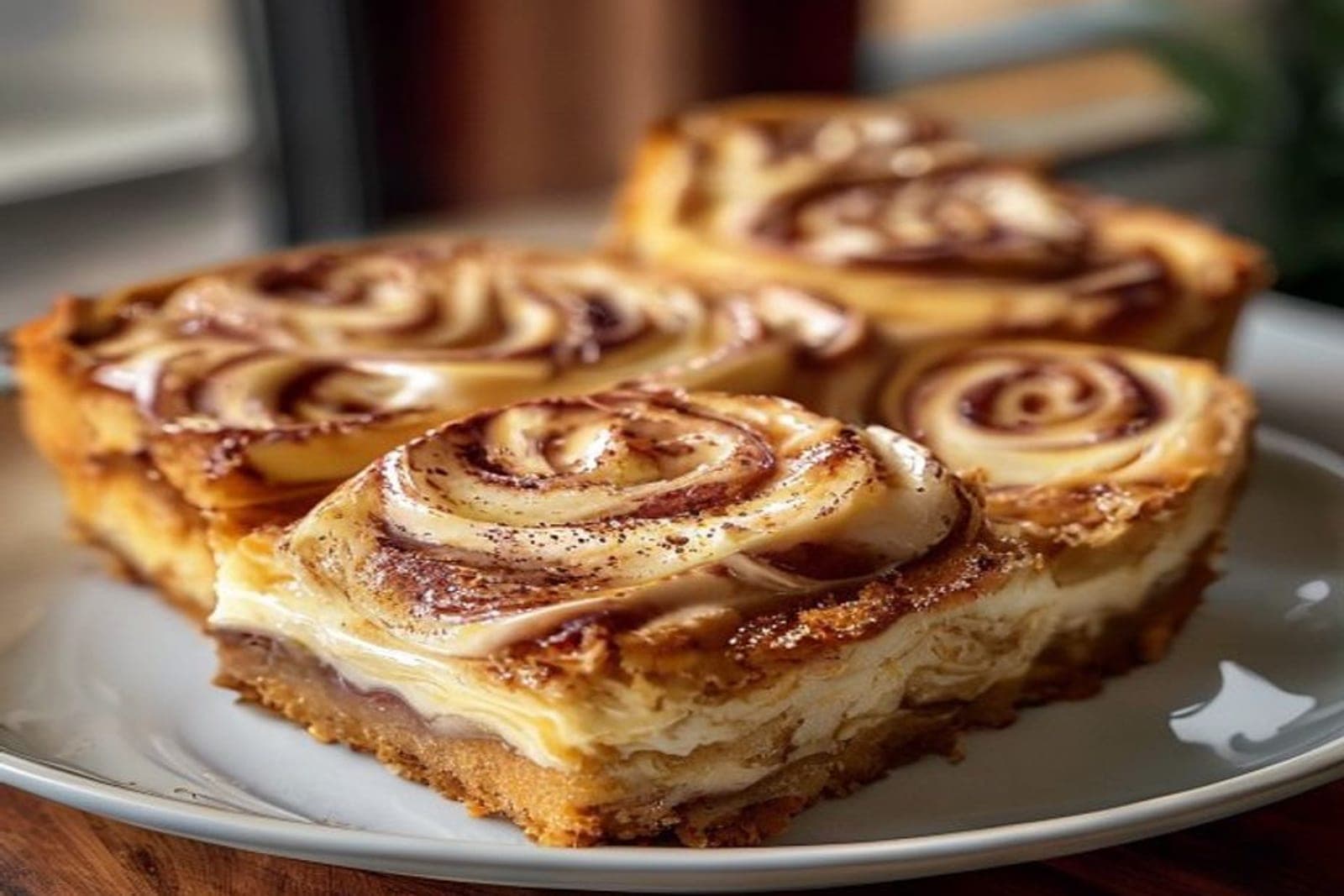 a pan of cheesecake cinnamon rolls with creamy cheesecake filling visible swirled in alongside the cinnamon sugar (AI-generated editorial image)
