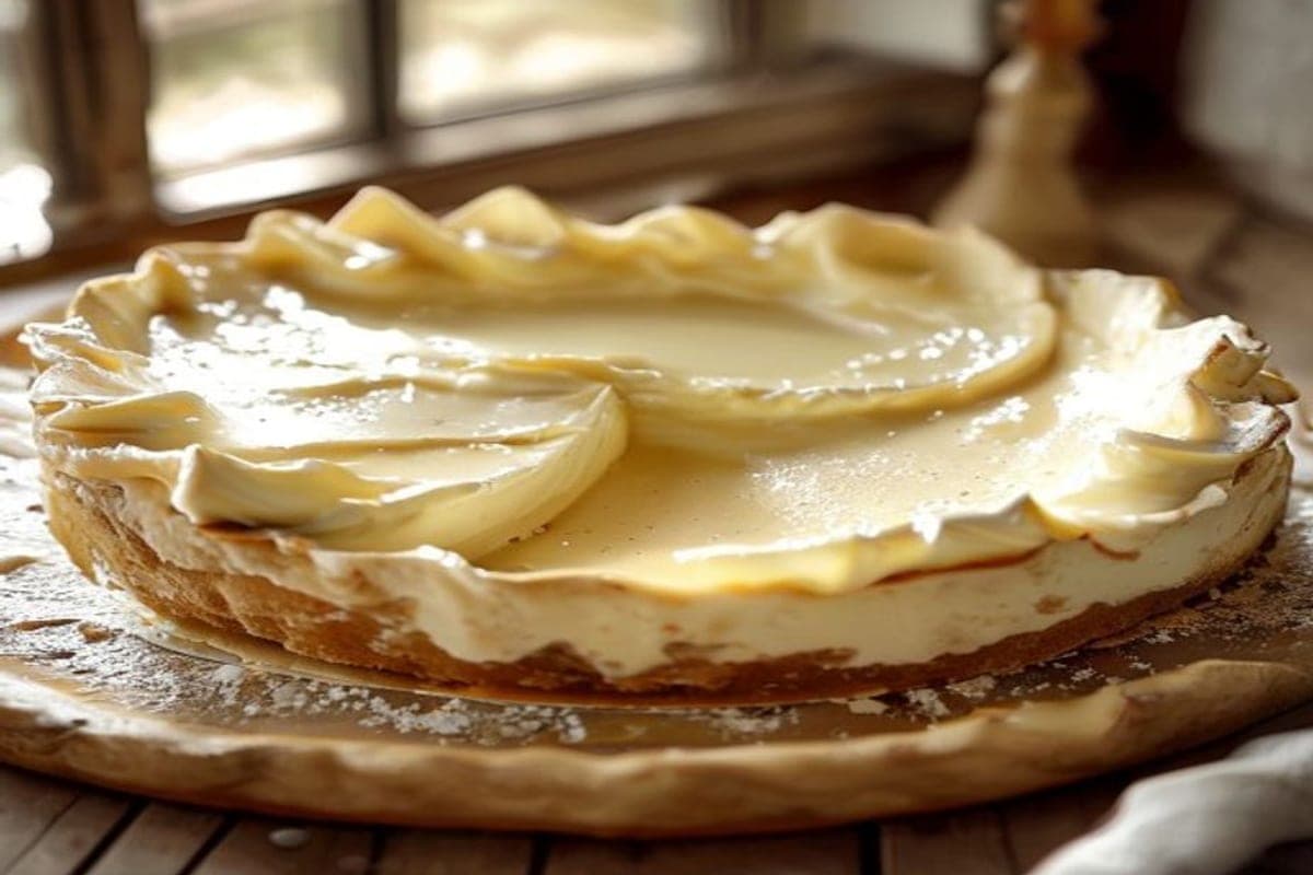a smooth sweetened cream cheese cheesecake filling being spread over rolled-out dough (AI-generated editorial image)
