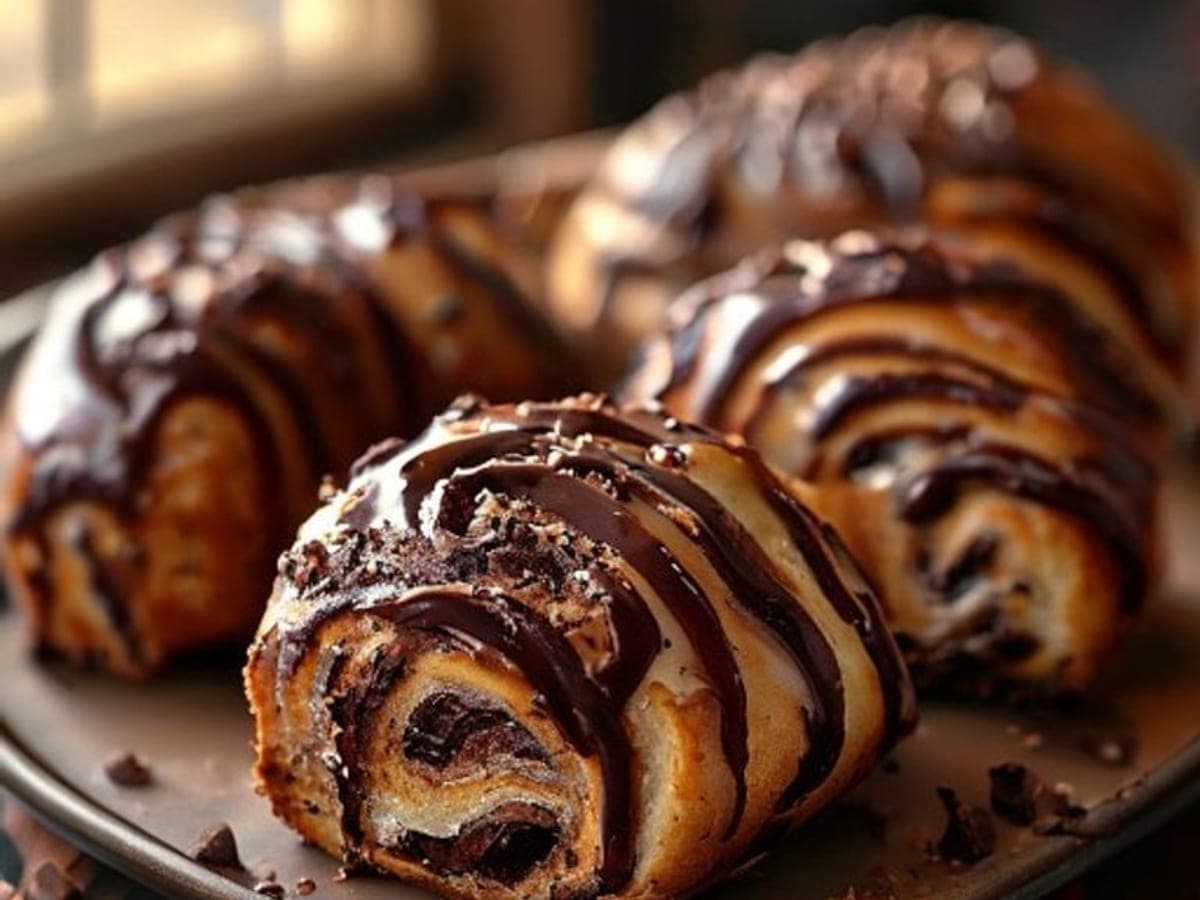 a chocolate cinnamon roll pulled apart showing dark cocoa swirl and melty chocolate (AI-generated editorial image)