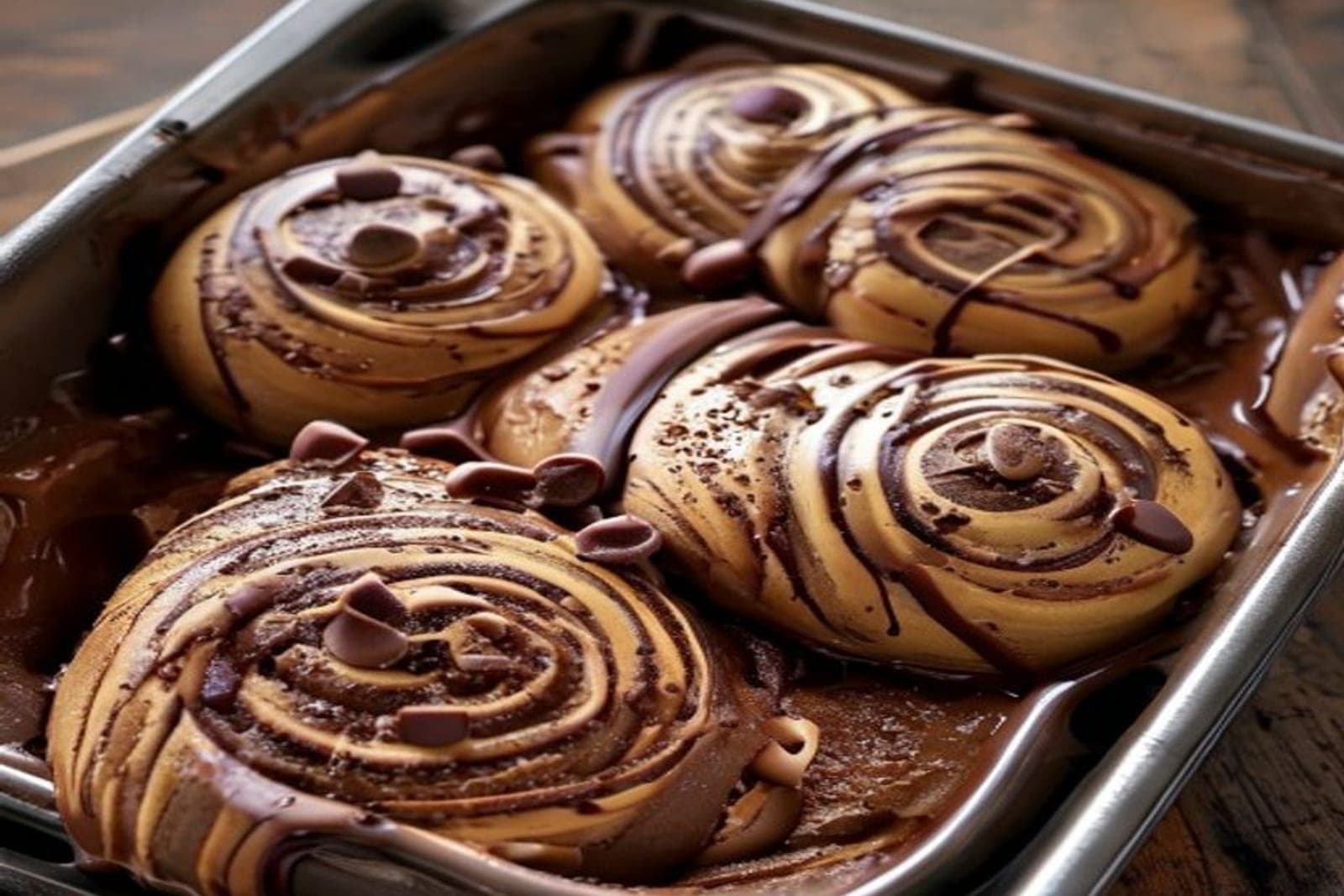 chocolate cinnamon rolls with cocoa swirl and melted chocolate chips (AI-generated editorial image)