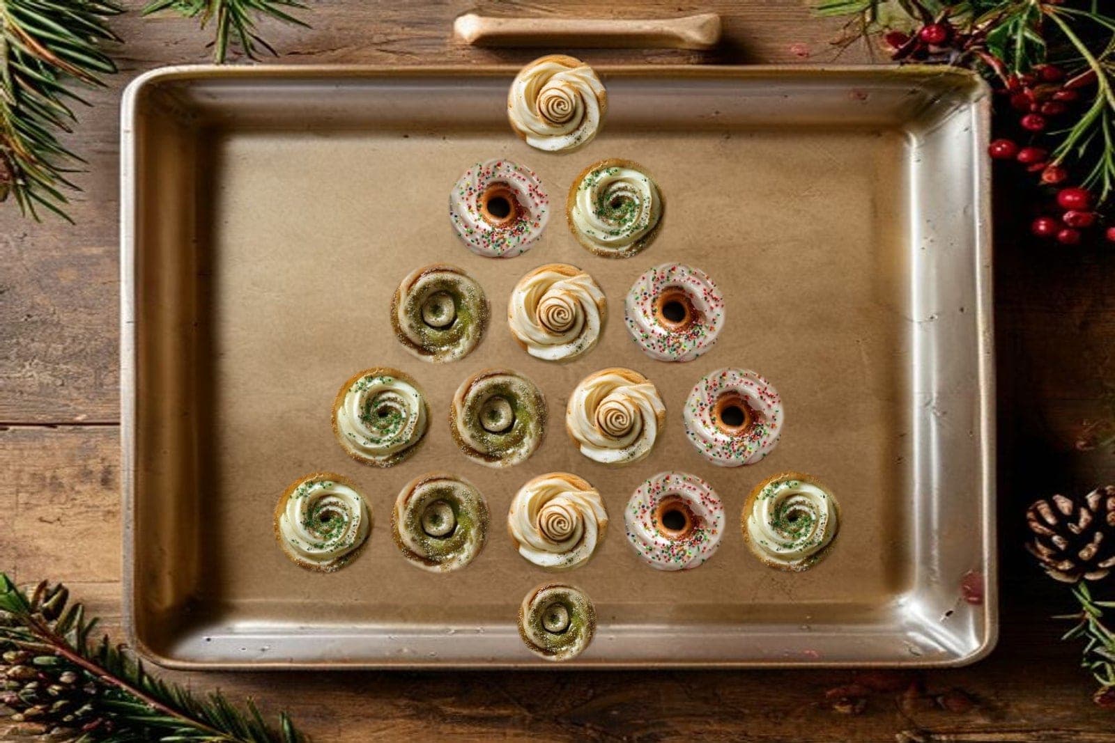 Cinnamon rolls arranged on a baking sheet into the shape of a Christmas tree, iced with white cream cheese frosting and green and red festive sugar, a trunk roll at the base (AI-generated editorial image).