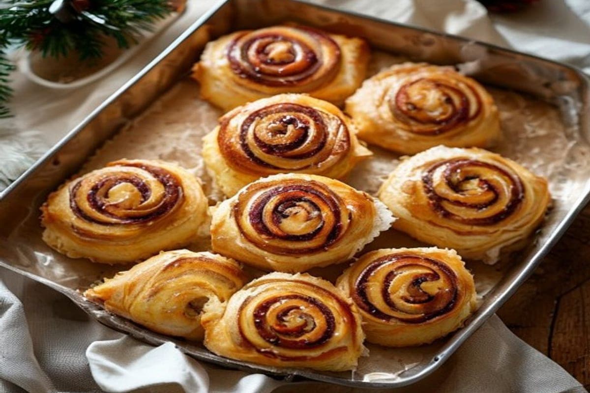 overhead top-down view of unbaked cinnamon rolls placed on a parchment-lined sheet pan arranged in a clear triangular Christmas-tree formation (AI-generated editorial image)