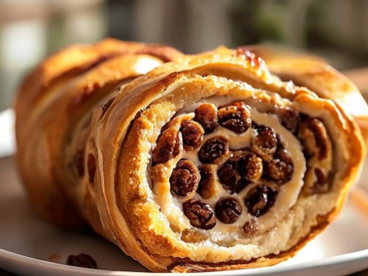 a cinnamon raisin roll pulled apart showing plump raisins in the cinnamon swirl (AI-generated editorial image)