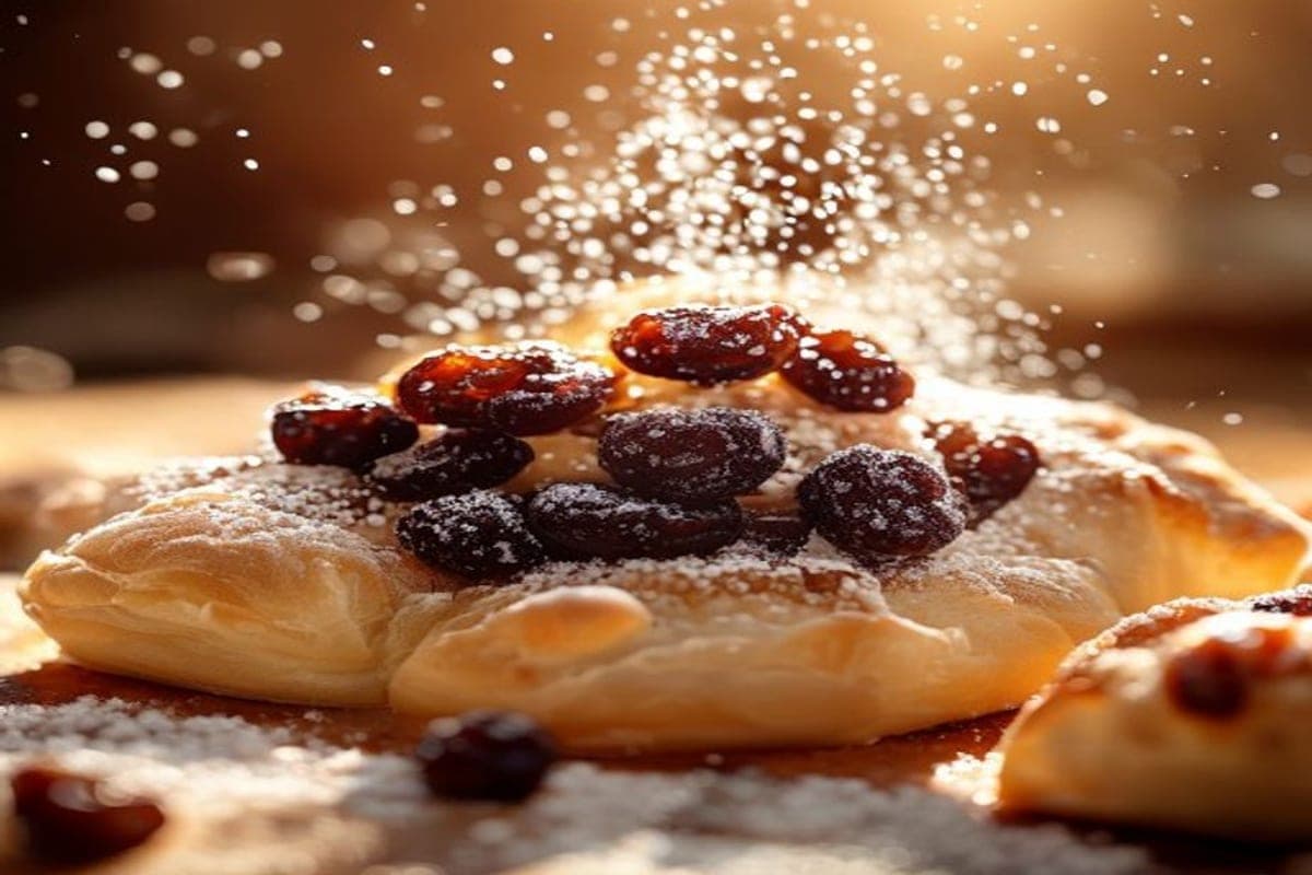 plump soaked raisins being sprinkled over cinnamon sugar on rolled dough (AI-generated editorial image)