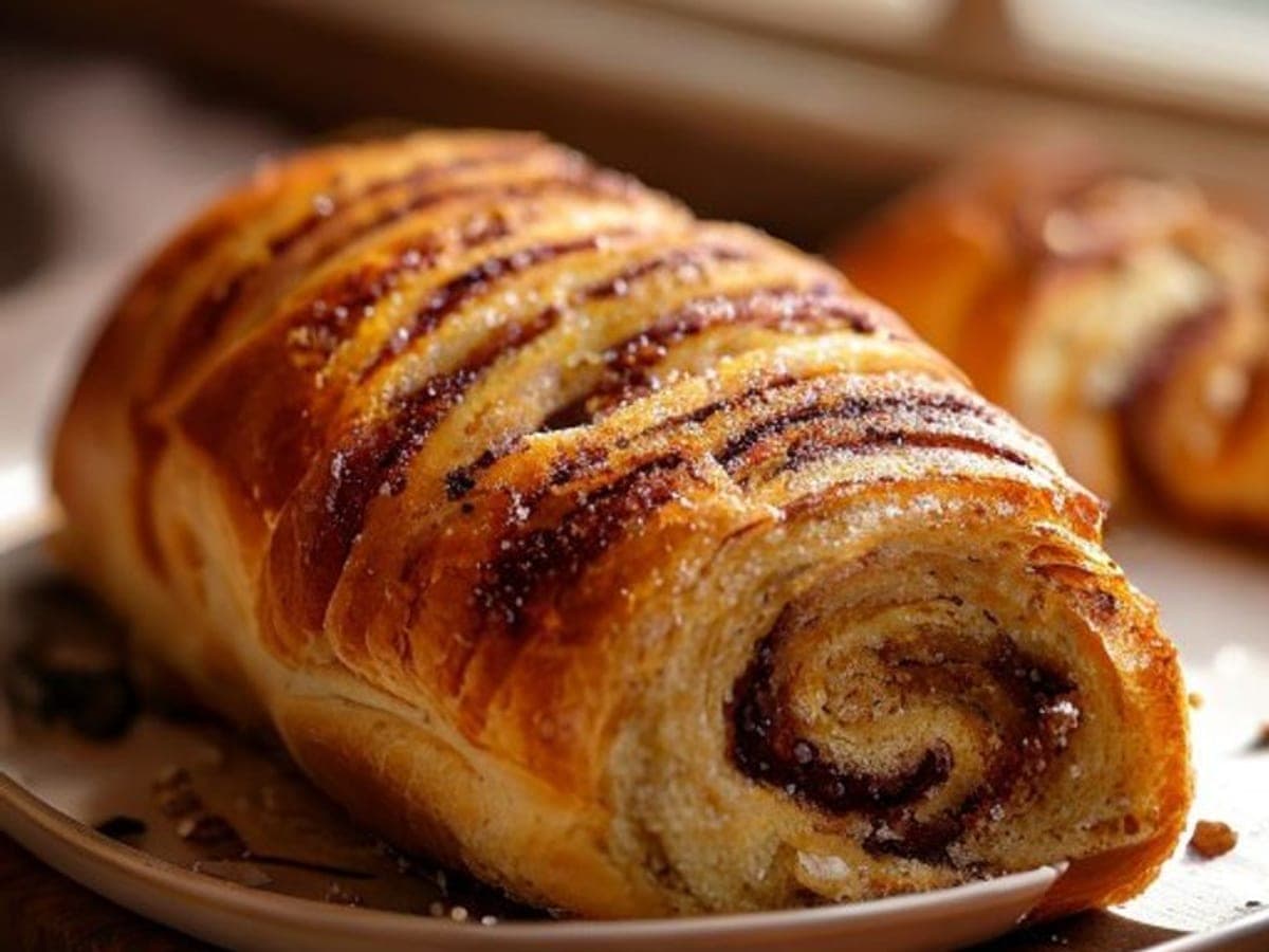 a piece of cinnamon roll pull-apart bread torn open showing the soft accordion layers and dark cinnamon-sugar swirl between each fold (AI-generated editorial image)