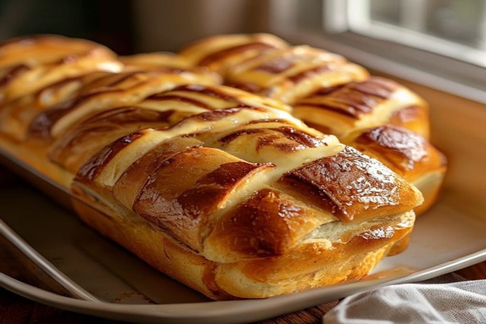 a golden pull-apart cinnamon roll bread loaf lifted from a loaf pan (AI-generated editorial image)