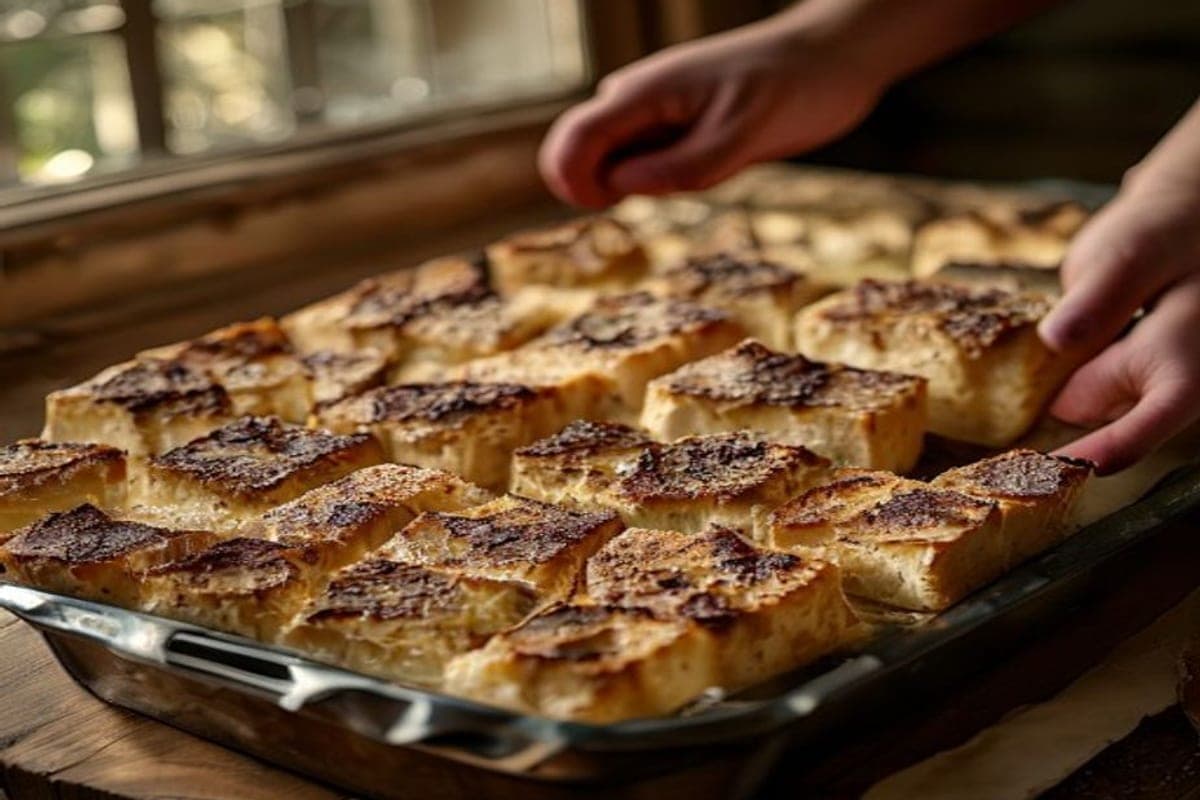 hands stacking warm golden squares of dough spread with dark cinnamon-sugar into a parchment-lined metal loaf pan (AI-generated editorial image)