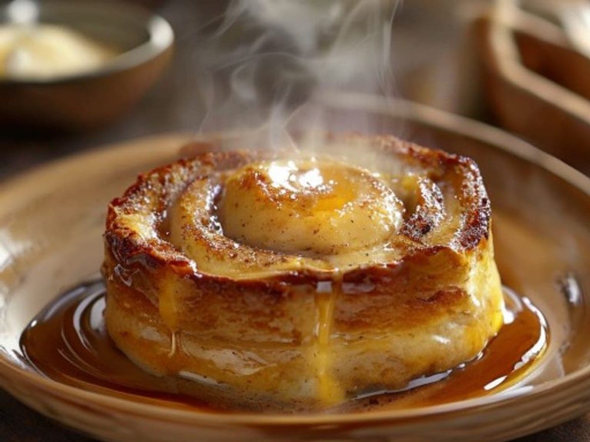a scooped serving of cinnamon roll bread pudding on a plate (AI-generated editorial image)